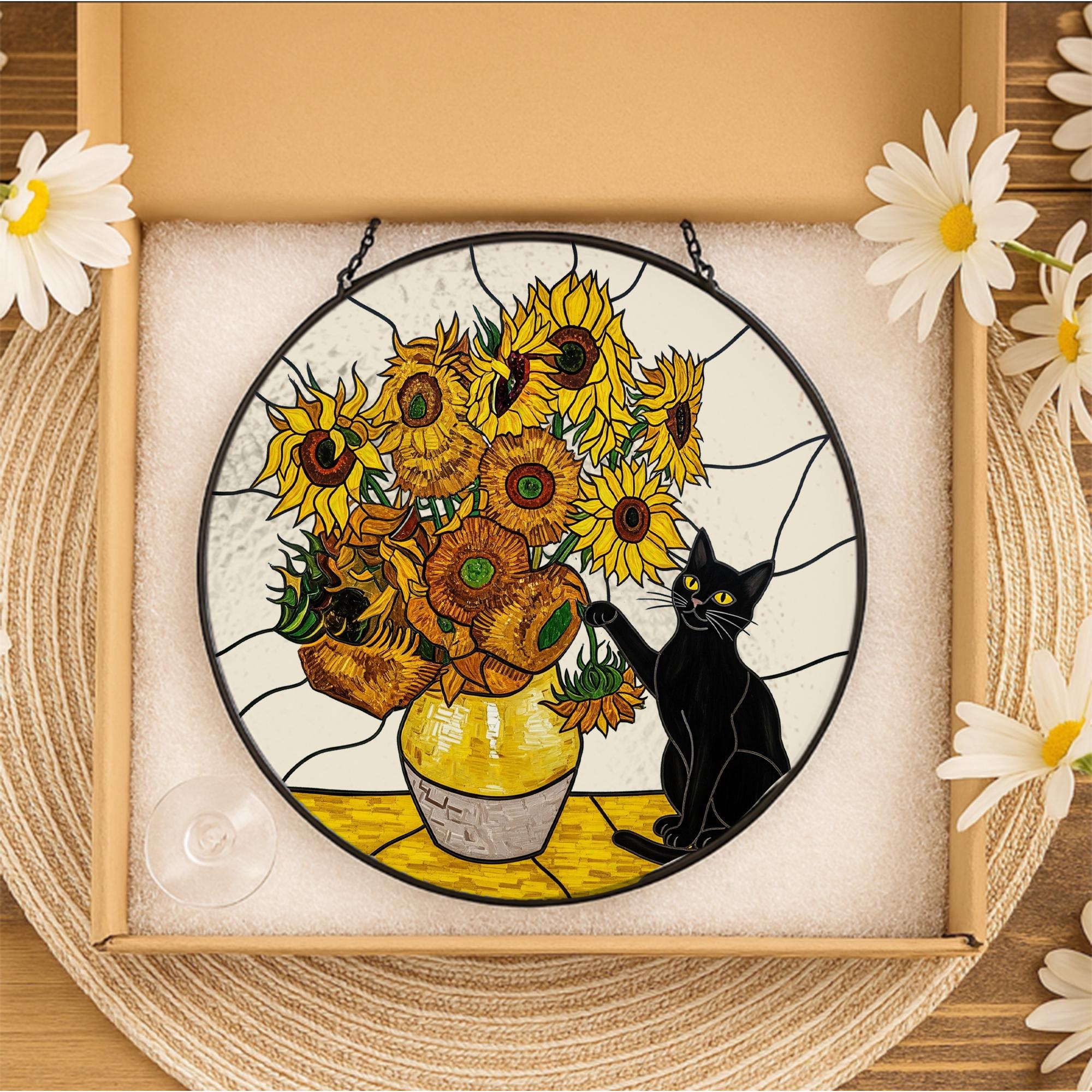 Black Cat Sunflowers Glass Suncatcher, Floral Window Hanging, Cat Lover Gift, Van Gogh Inspired Art, Black Cat Decor, Cat Planter Gift