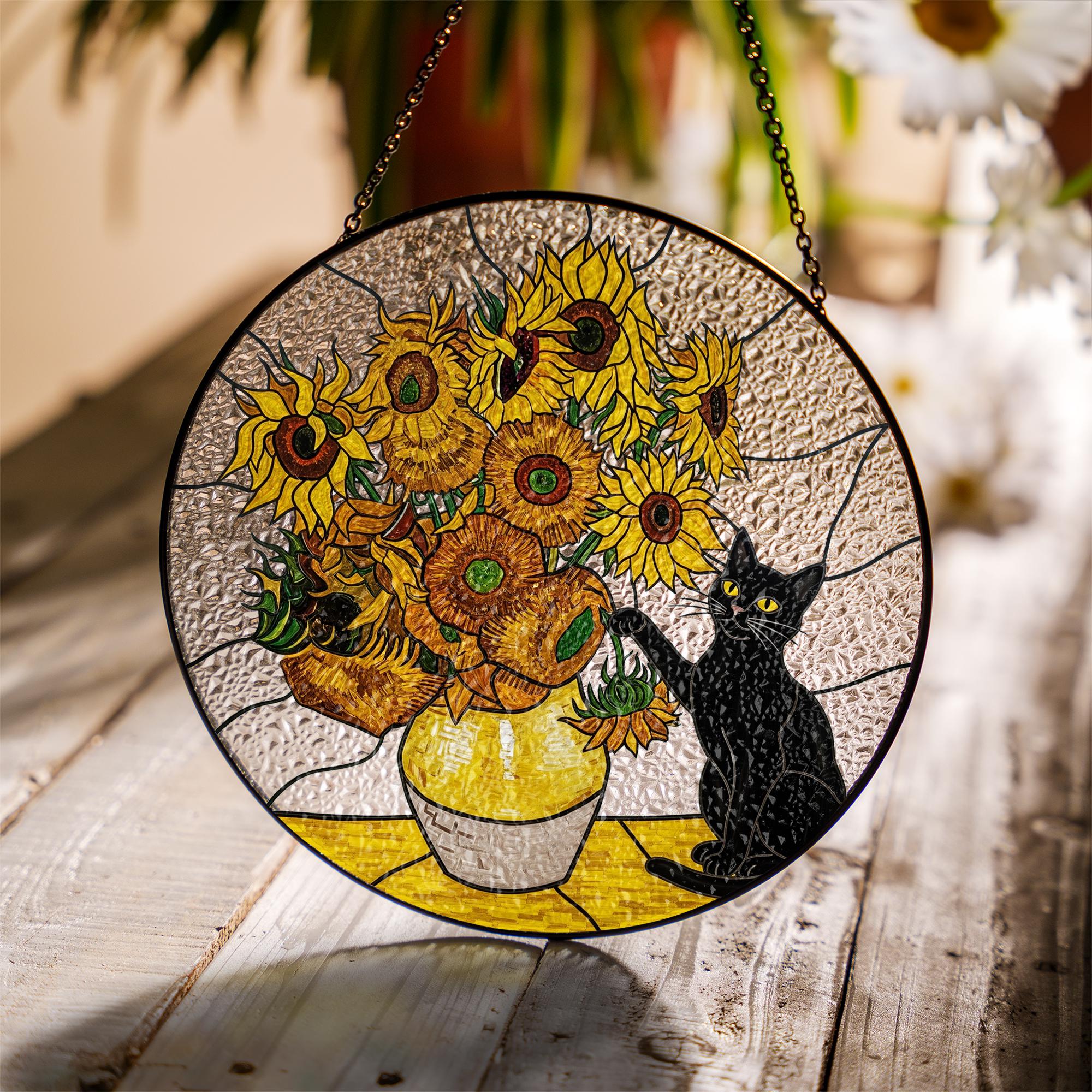 Black Cat Sunflowers Glass Suncatcher, Floral Window Hanging, Cat Lover Gift, Van Gogh Inspired Art, Black Cat Decor, Cat Planter Gift