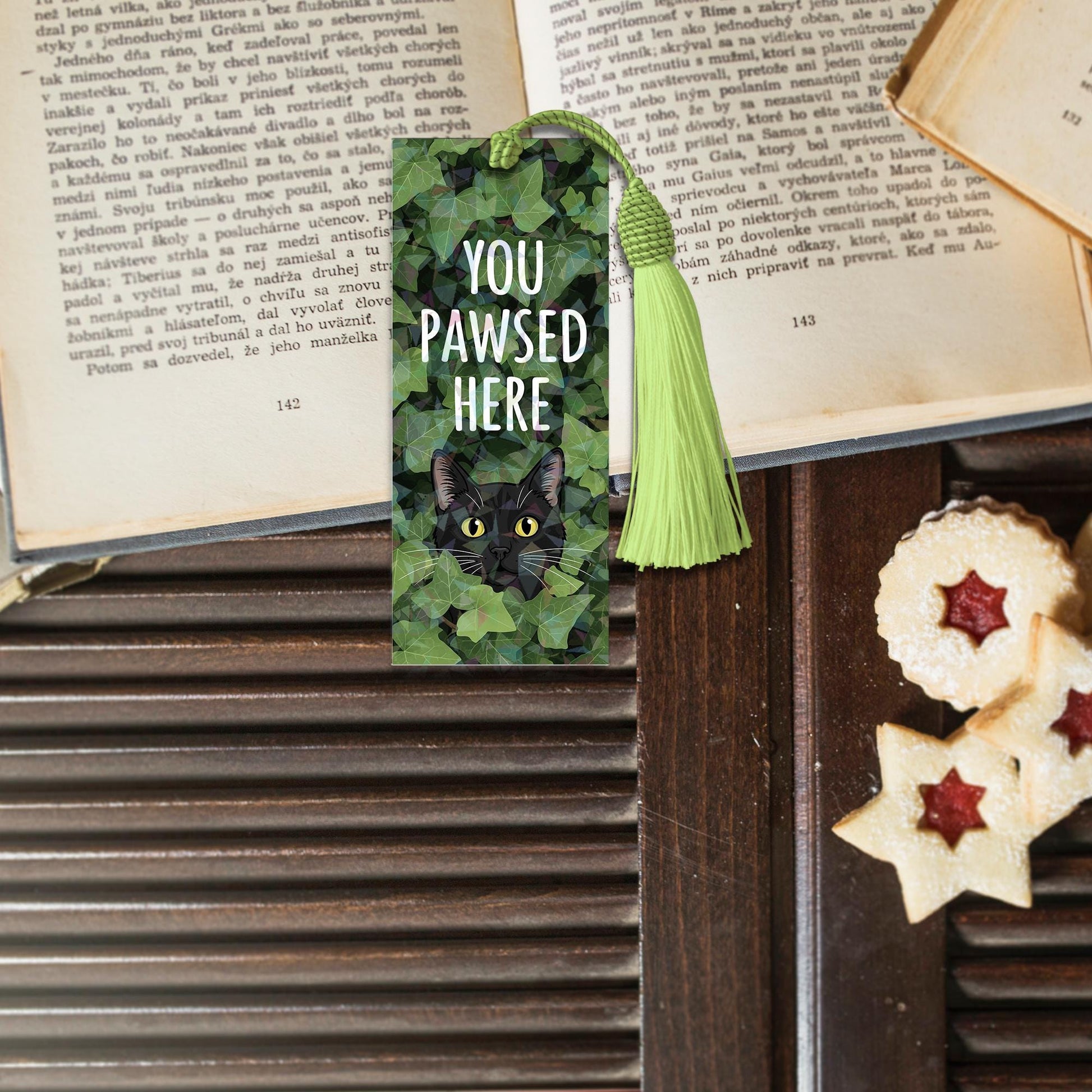 Funny Black Cat In Ivy Plants Bookmark – "You Pawsed Here" Tassel Bookmark for Cat Lovers, Cute Gift for Readers, Bookish Cat Pun Accessory
