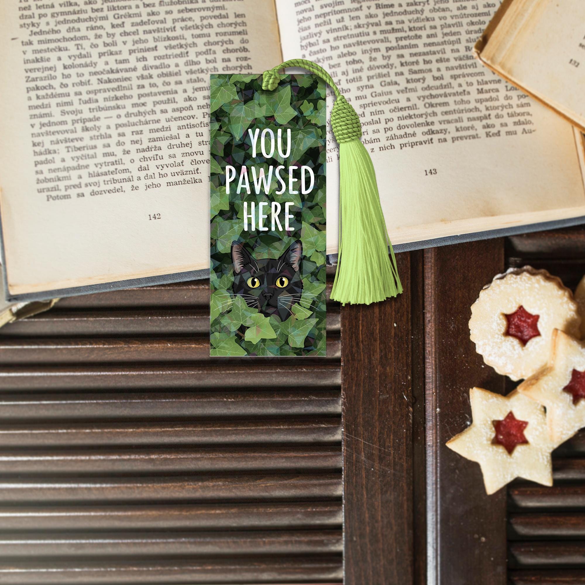 Funny Black Cat In Ivy Plants Bookmark – "You Pawsed Here" Tassel Bookmark for Cat Lovers, Cute Gift for Readers, Bookish Cat Pun Accessory