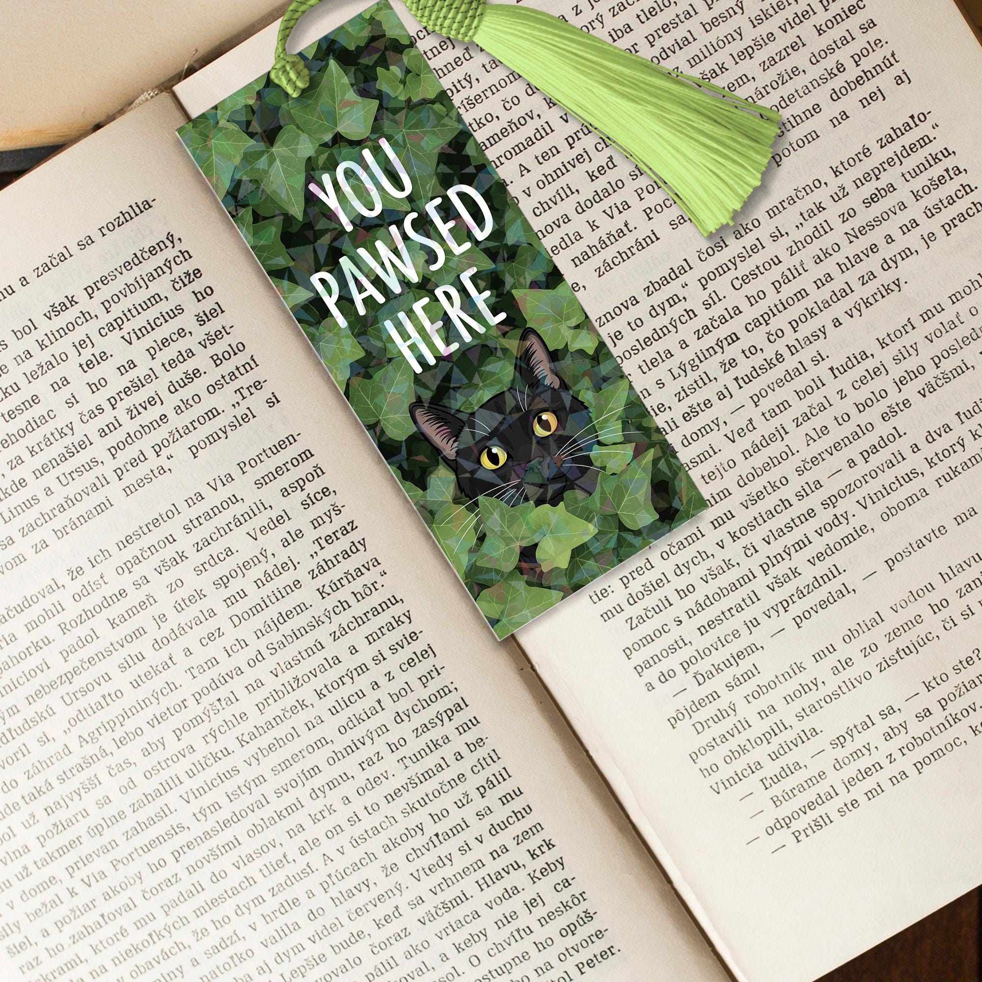 Funny Black Cat In Ivy Plants Bookmark – "You Pawsed Here" Tassel Bookmark for Cat Lovers, Cute Gift for Readers, Bookish Cat Pun Accessory