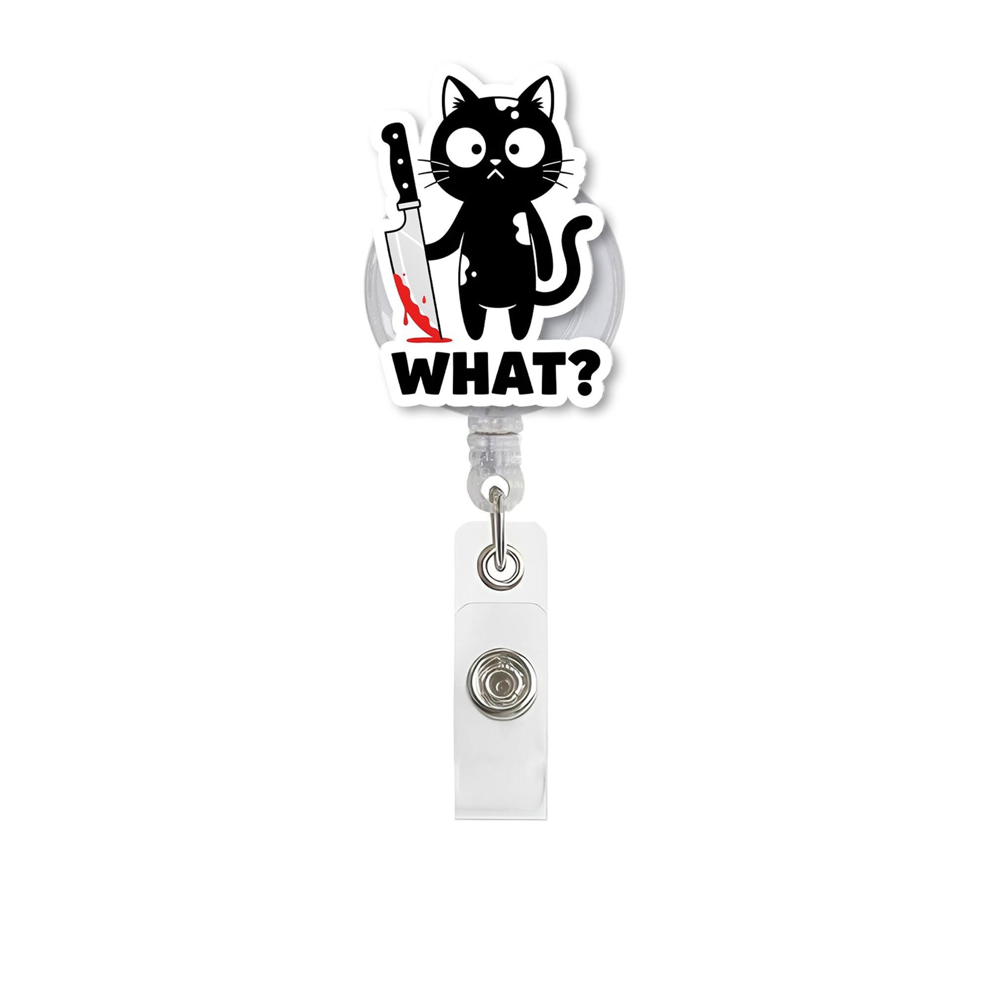 Funny Black Cat Badge Reel – "What?" Cat ID Holder, Cute Dark Humor Badge Clip for Nurses, Vet Techs, Teachers, Staffs, Black Cat Decor