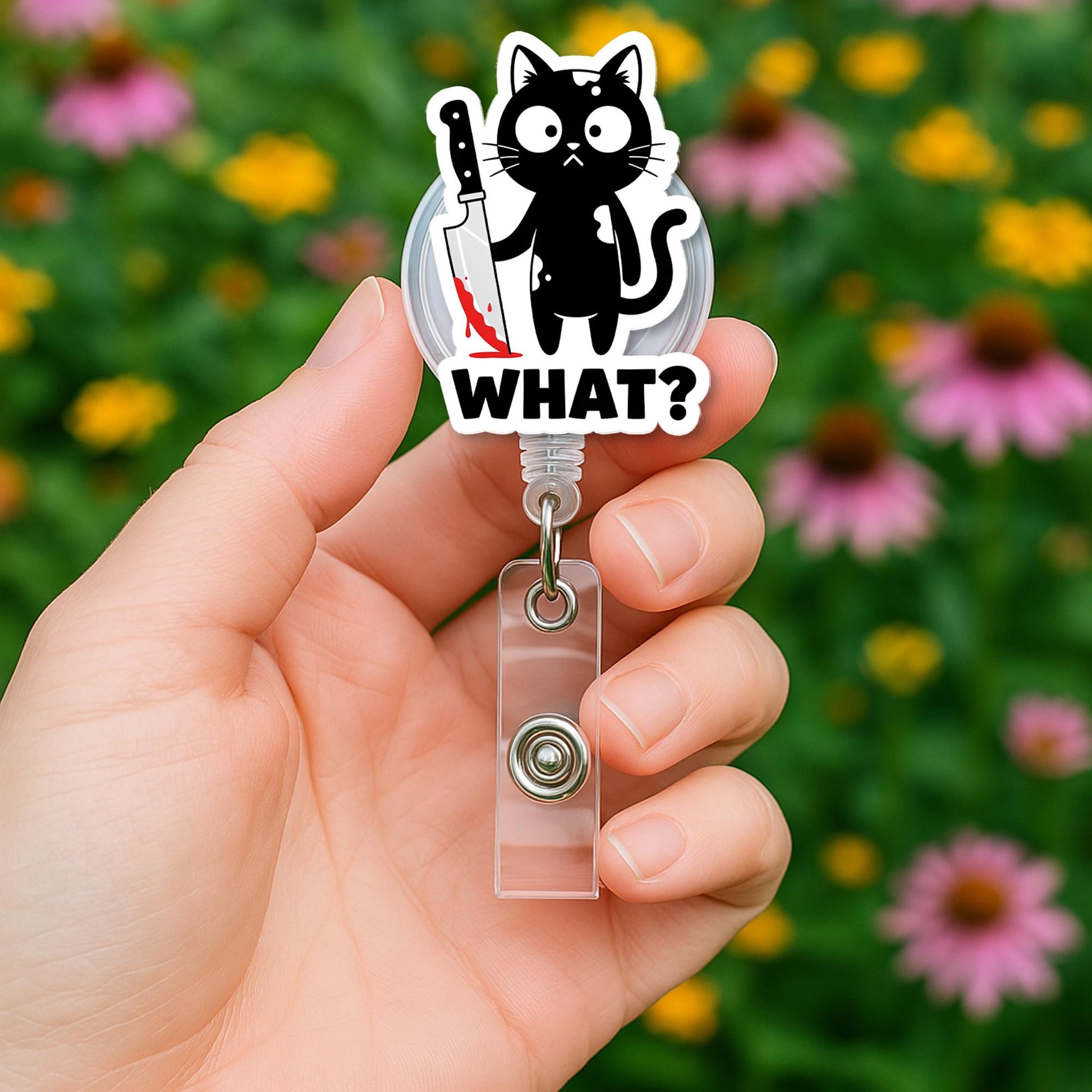 Funny Black Cat Badge Reel – "What?" Cat ID Holder, Cute Dark Humor Badge Clip for Nurses, Vet Techs, Teachers, Staffs, Black Cat Decor