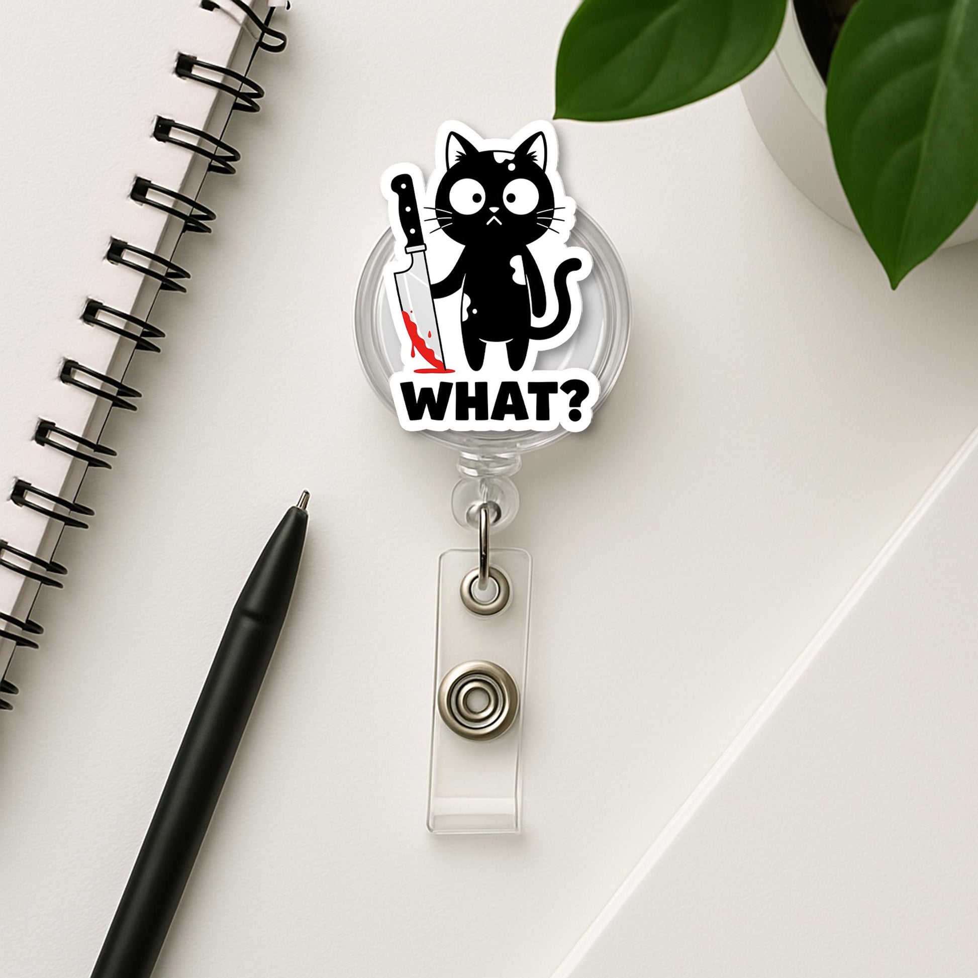 Funny Black Cat Badge Reel – "What?" Cat ID Holder, Cute Dark Humor Badge Clip for Nurses, Vet Techs, Teachers, Staffs, Black Cat Decor