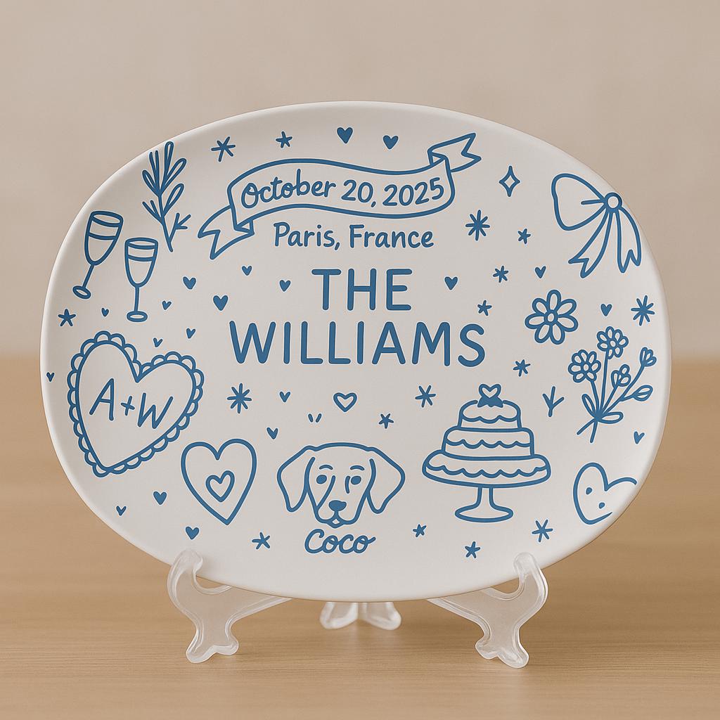 Personalized Wedding Memory Platter with Dog & Date, Custom Couple Name Plate, Romantic Anniversary or Bridal Shower Gift