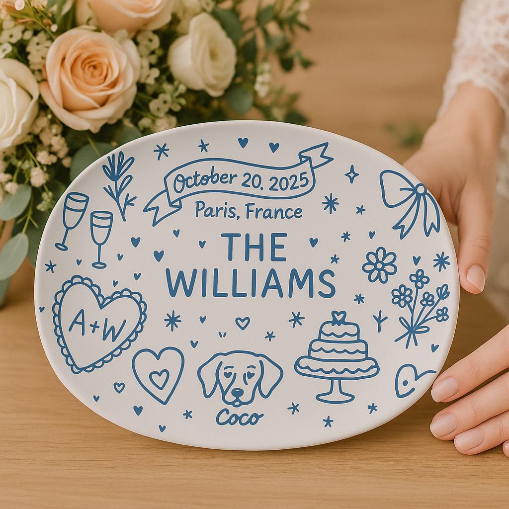Personalized Wedding Memory Platter with Dog & Date, Custom Couple Name Plate, Romantic Anniversary or Bridal Shower Gift