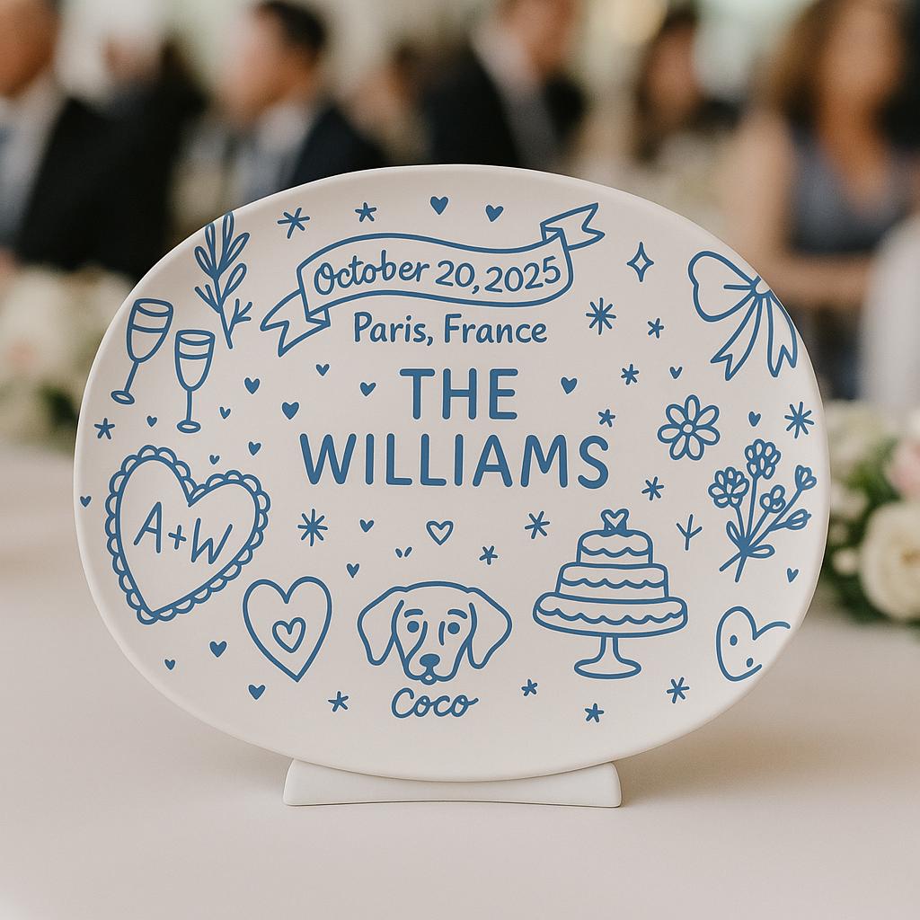Personalized Wedding Memory Platter with Dog & Date, Custom Couple Name Plate, Romantic Anniversary or Bridal Shower Gift