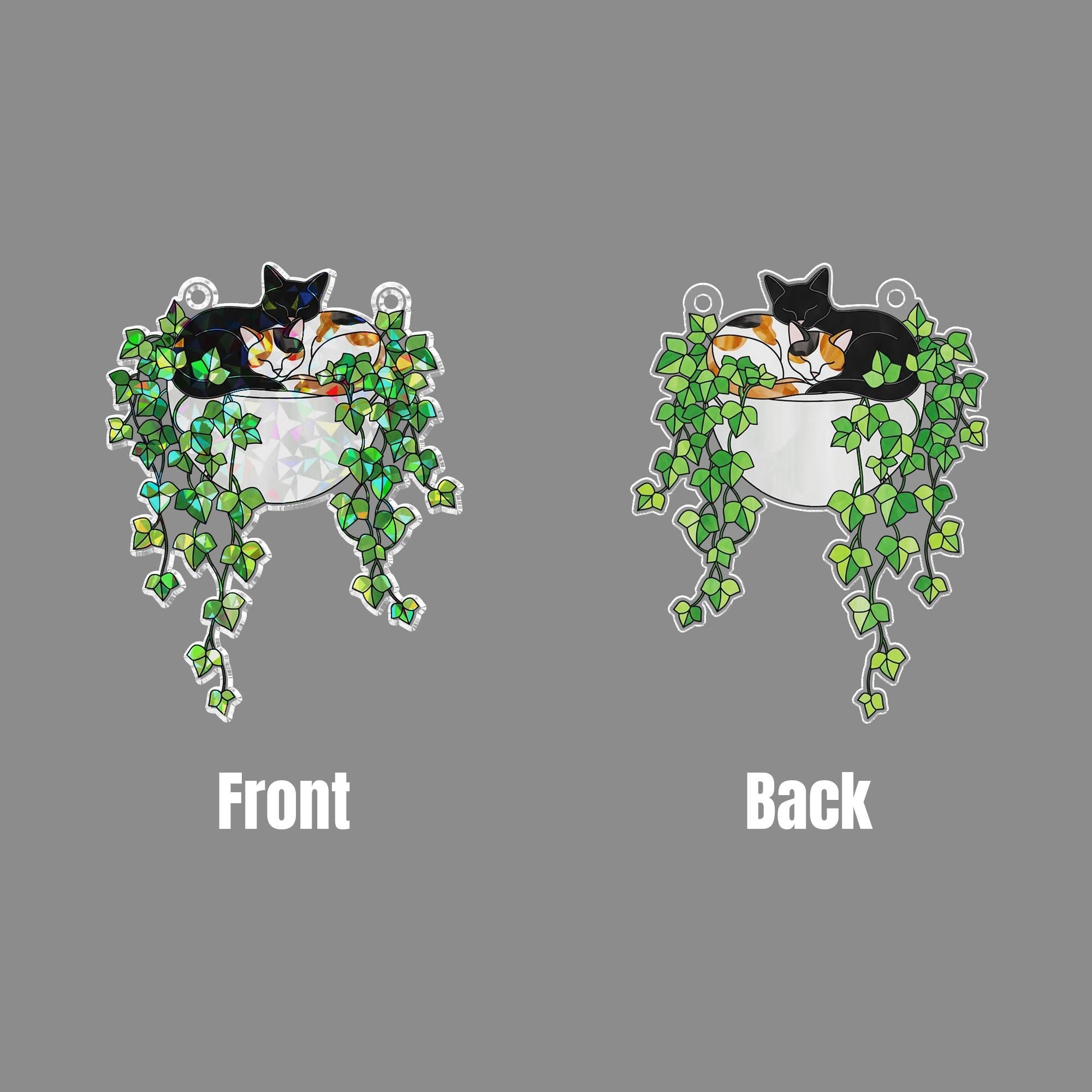 Black Cat with Calico cat Sleeping on Ivy Hologram Ornament, Cat ACRYLIC Window Hanging, Plant Lover Gift, Ivy Plants Decor, Cozy Cat Decor