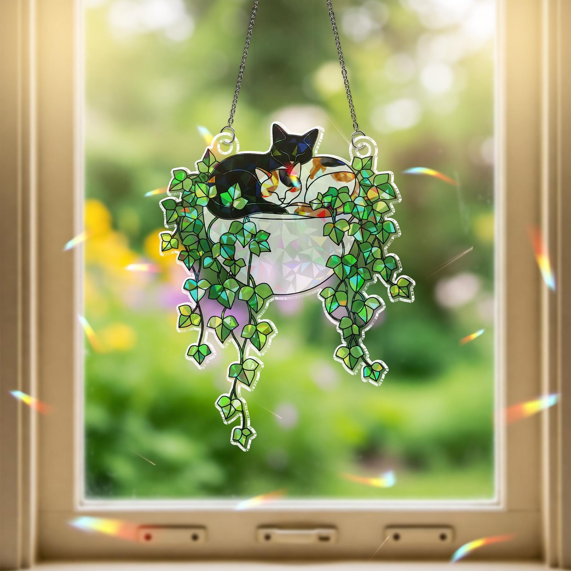 Black Cat with Calico cat Sleeping on Ivy Hologram Ornament, Cat ACRYLIC Window Hanging, Plant Lover Gift, Ivy Plants Decor, Cozy Cat Decor