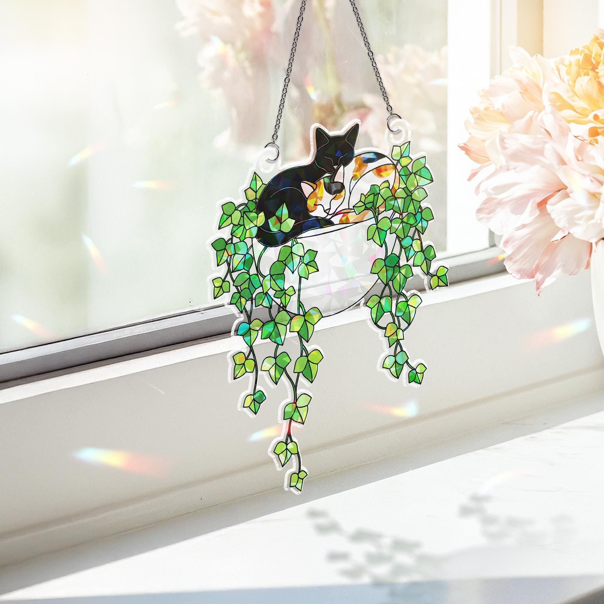 Black Cat with Calico cat Sleeping on Ivy Hologram Ornament, Cat ACRYLIC Window Hanging, Plant Lover Gift, Ivy Plants Decor, Cozy Cat Decor