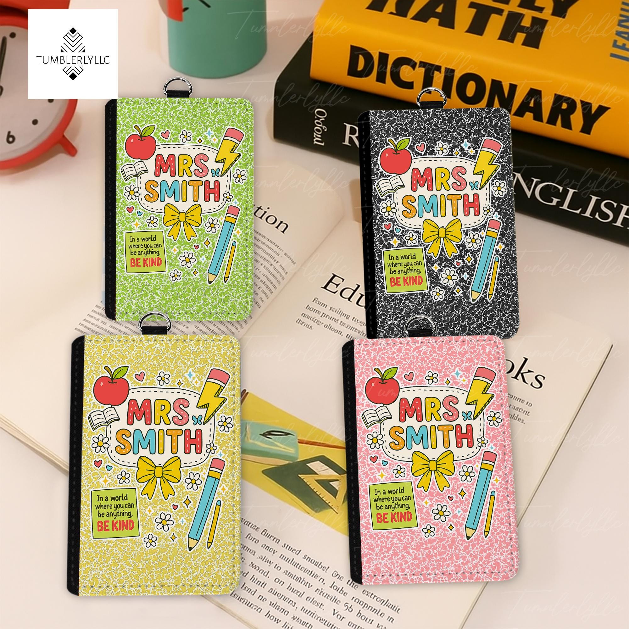 Teacher ID Badge Holder, Composition Book Style ID Case, Cute Back to School Gift, Personalized Name Tag, Be Kind Lanyard