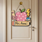 Teacher Door Hanger, Personalized Pencil Sign with Apple, Custom Classroom Decor, Back to School Gift, Name Sign for Teachers