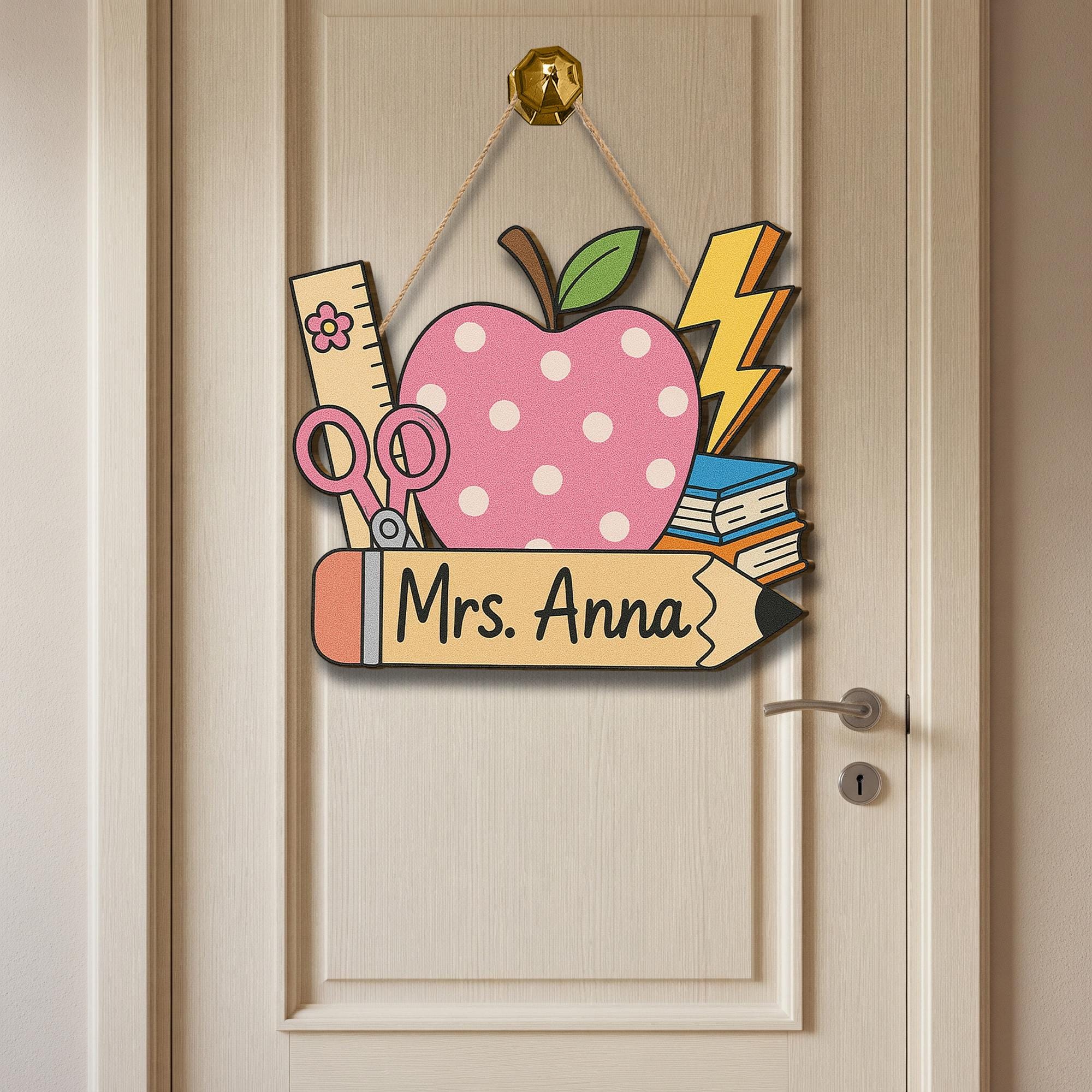 Teacher Door Hanger, Personalized Pencil Sign with Apple, Custom Classroom Decor, Back to School Gift, Name Sign for Teachers