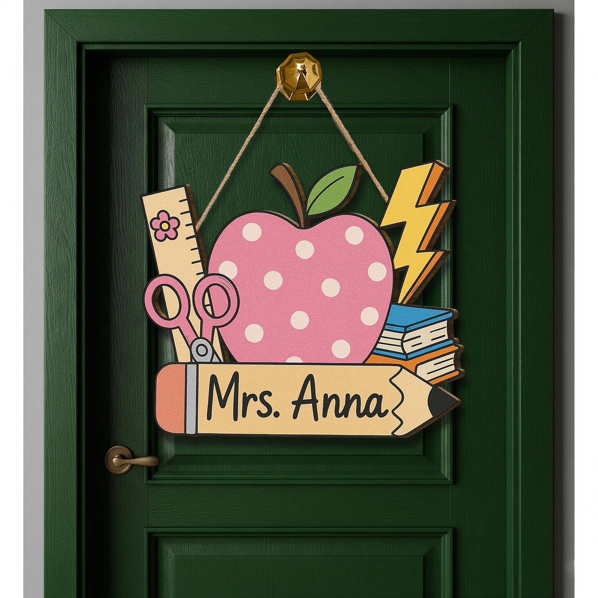 Teacher Door Hanger, Personalized Pencil Sign with Apple, Custom Classroom Decor, Back to School Gift, Name Sign for Teachers
