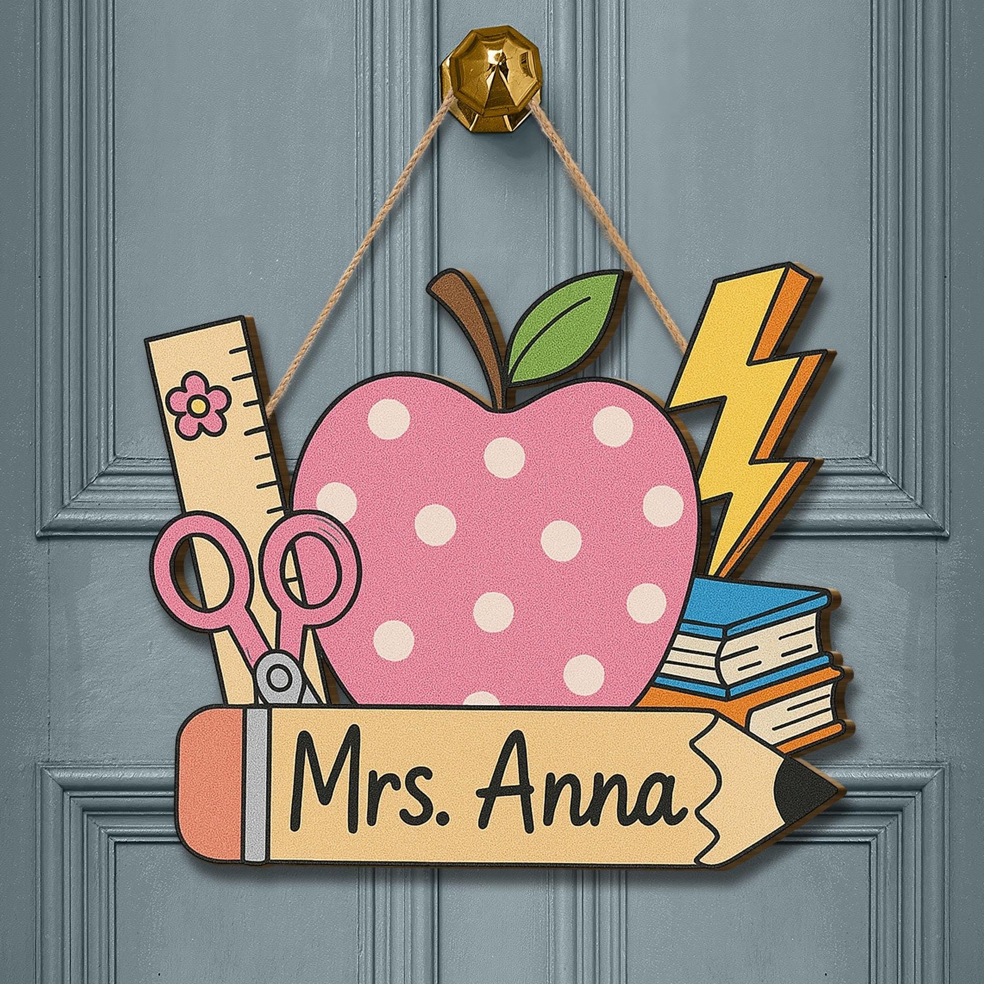 Teacher Door Hanger, Personalized Pencil Sign with Apple, Custom Classroom Decor, Back to School Gift, Name Sign for Teachers