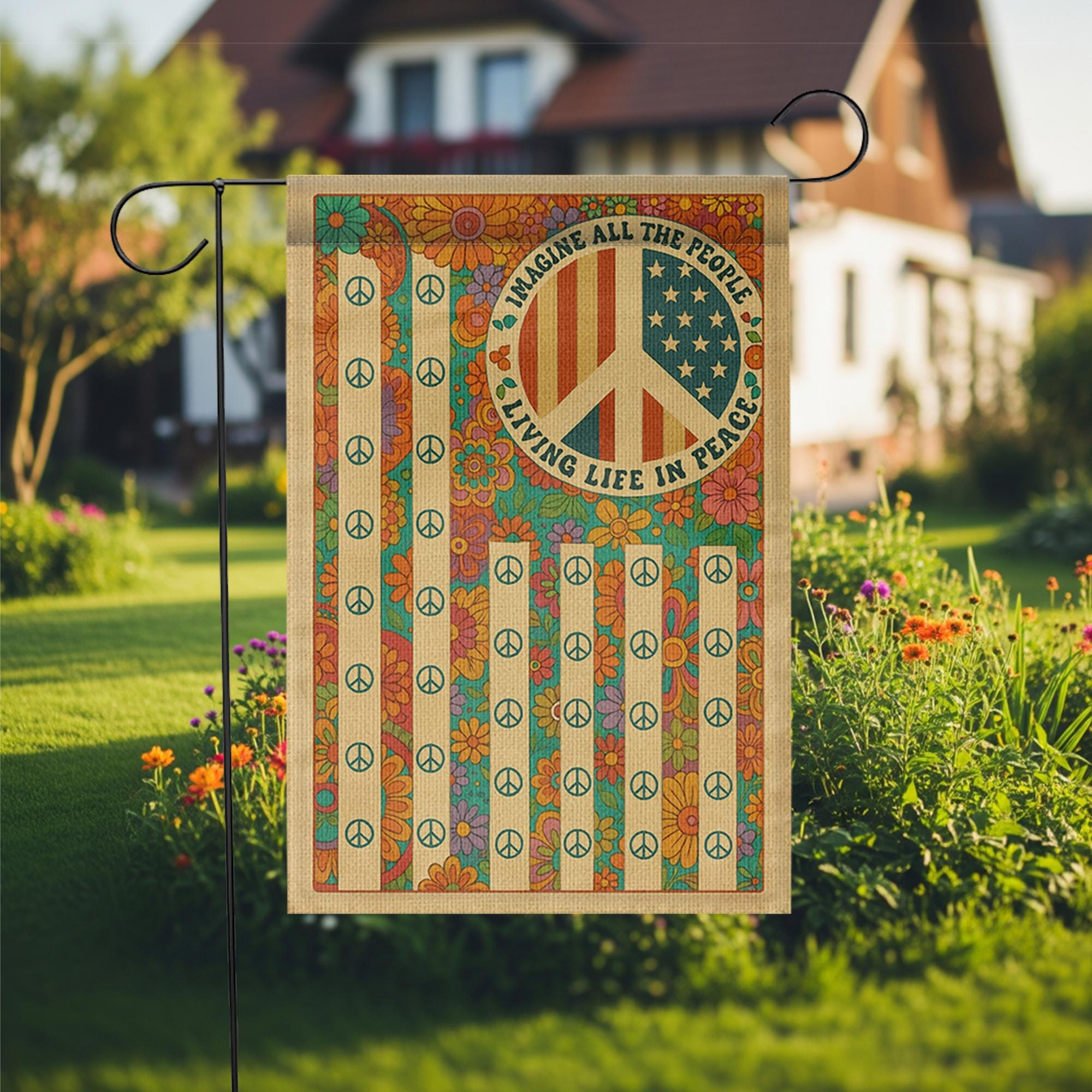Imagine All the People Garden Flag, Retro Peace Sign Yard Banner, Hippie Floral Outdoor Decor, Vintage 70s Summer Flag