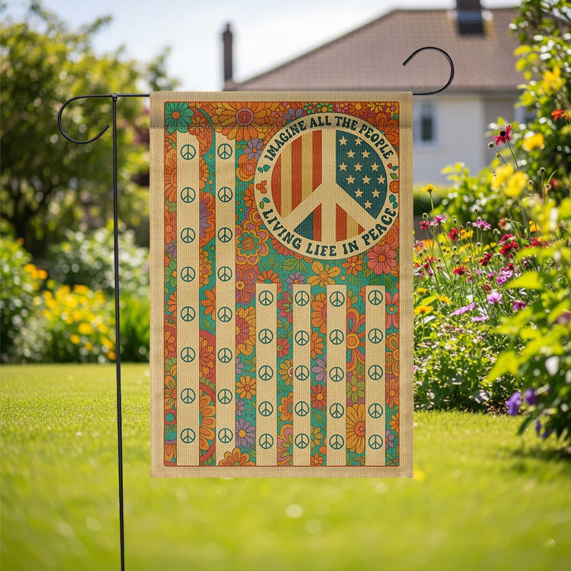 Imagine All the People Garden Flag, Retro Peace Sign Yard Banner, Hippie Floral Outdoor Decor, Vintage 70s Summer Flag