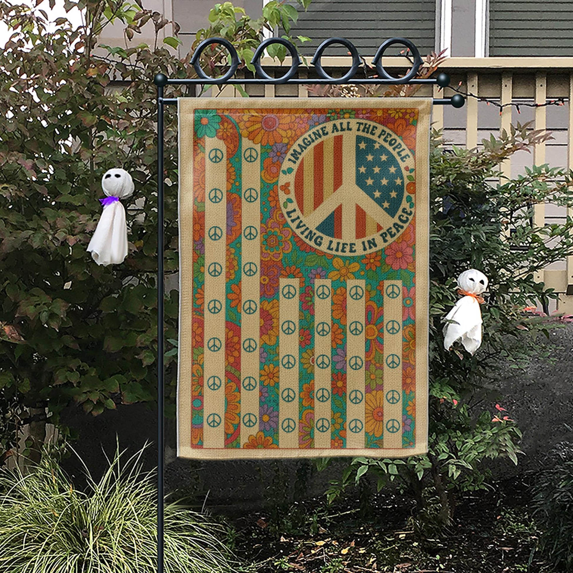 Imagine All the People Garden Flag, Retro Peace Sign Yard Banner, Hippie Floral Outdoor Decor, Vintage 70s Summer Flag