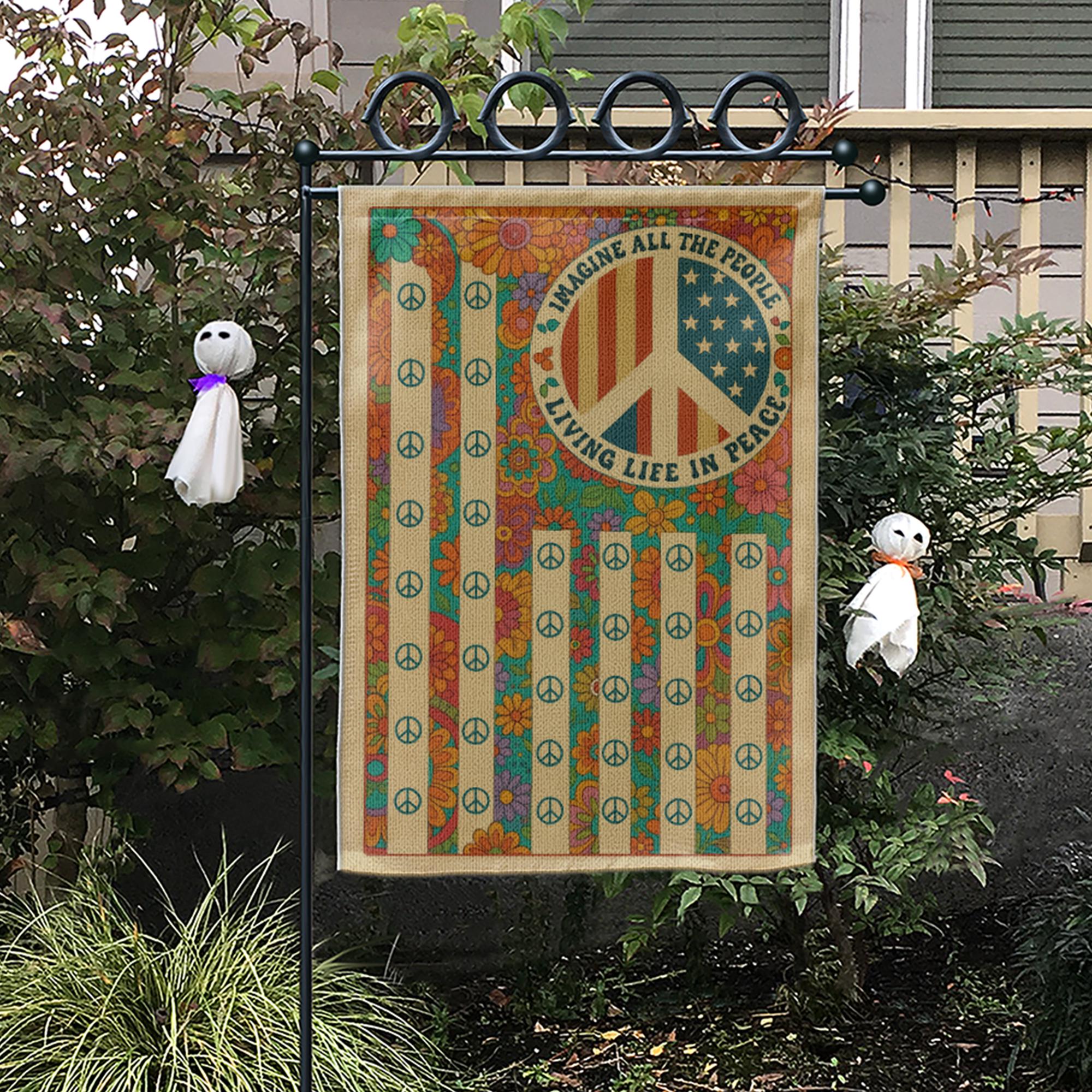 Imagine All the People Garden Flag, Retro Peace Sign Yard Banner, Hippie Floral Outdoor Decor, Vintage 70s Summer Flag
