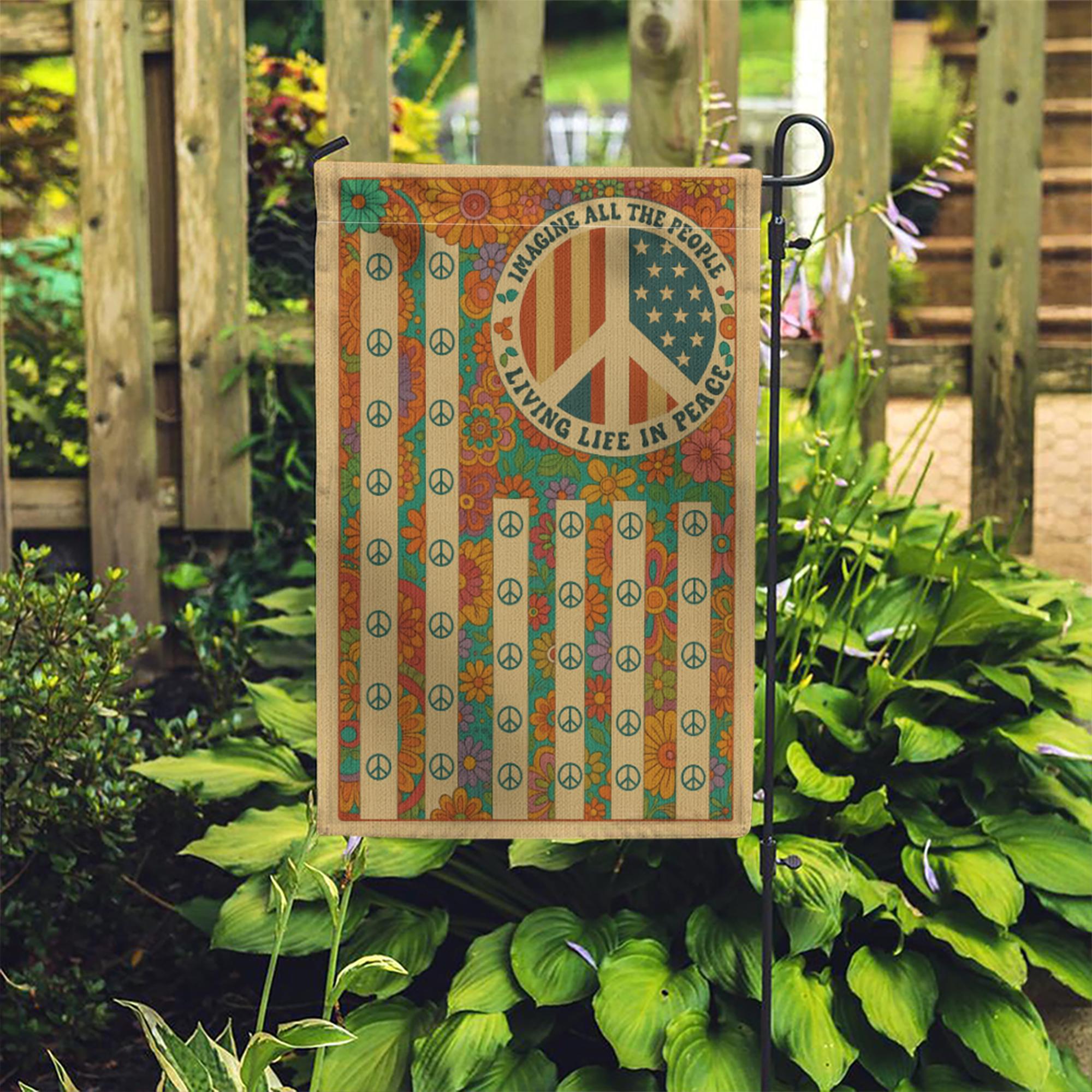 Imagine All the People Garden Flag, Retro Peace Sign Yard Banner, Hippie Floral Outdoor Decor, Vintage 70s Summer Flag