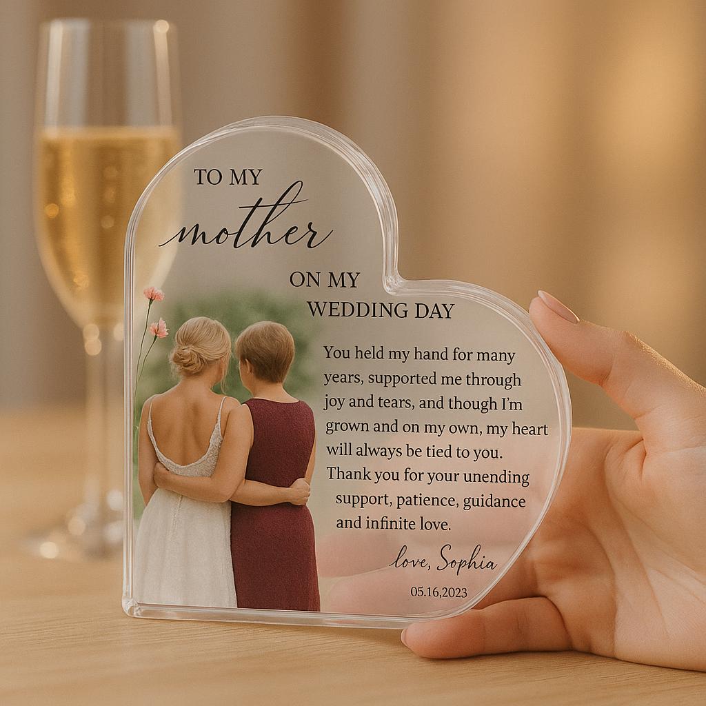 Custom Wedding Gift for Mother of the Bride, Personalized Heart Acrylic Plaque with Photo & Message, Sentimental Keepsake from Daughter