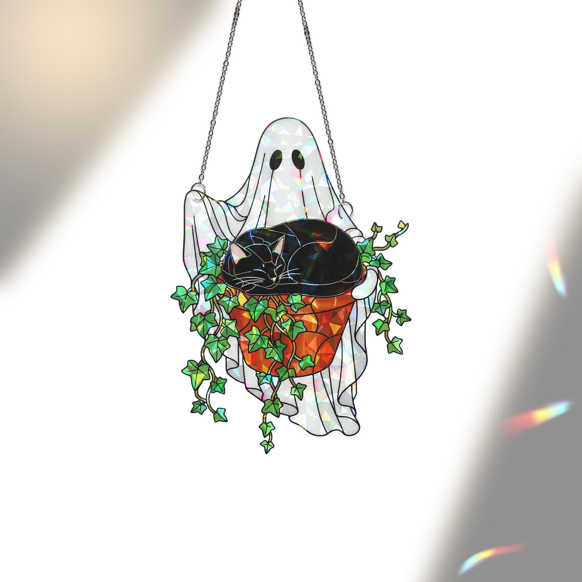 Ghost Cat Ivy Plant Pot Suncatcher, Holographic Acrylic Halloween Decor, Spooky Cute Window Ornament for Cat Moms & Plant Lovers