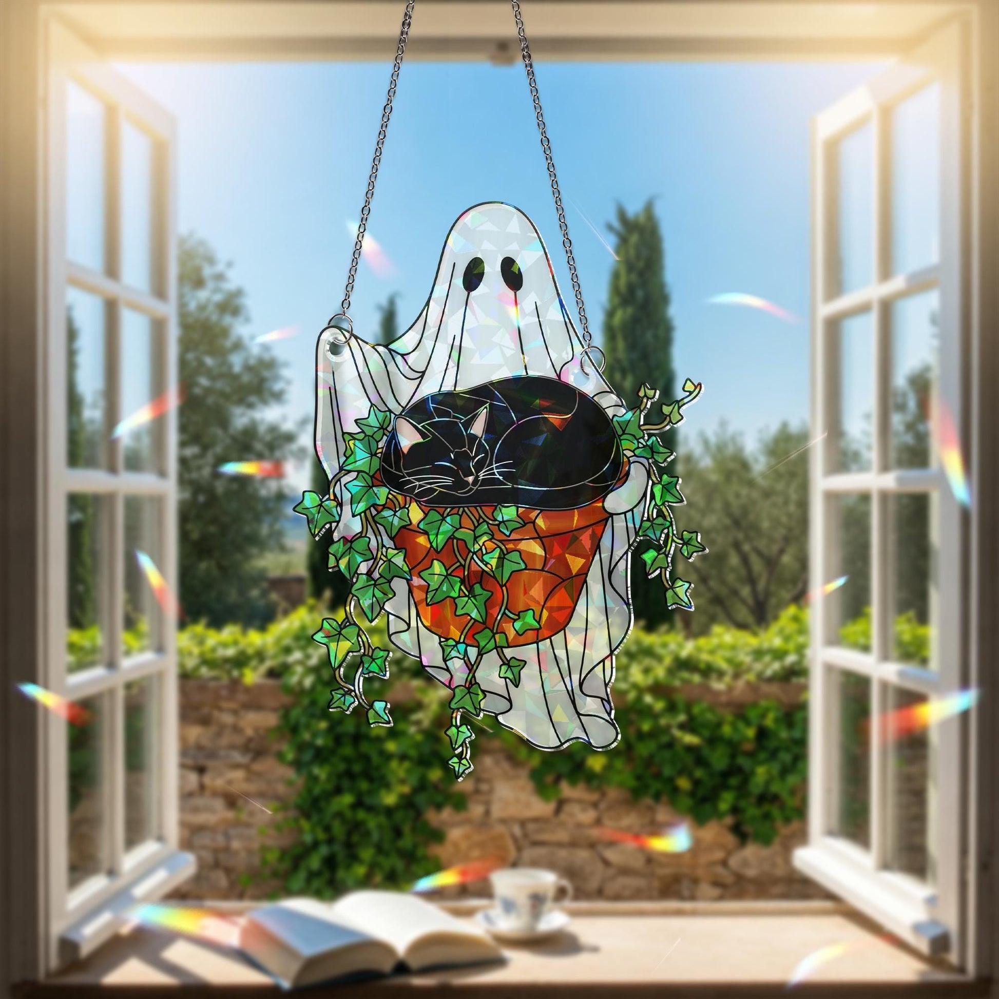 Ghost Cat Ivy Plant Pot Suncatcher, Holographic Acrylic Halloween Decor, Spooky Cute Window Ornament for Cat Moms & Plant Lovers