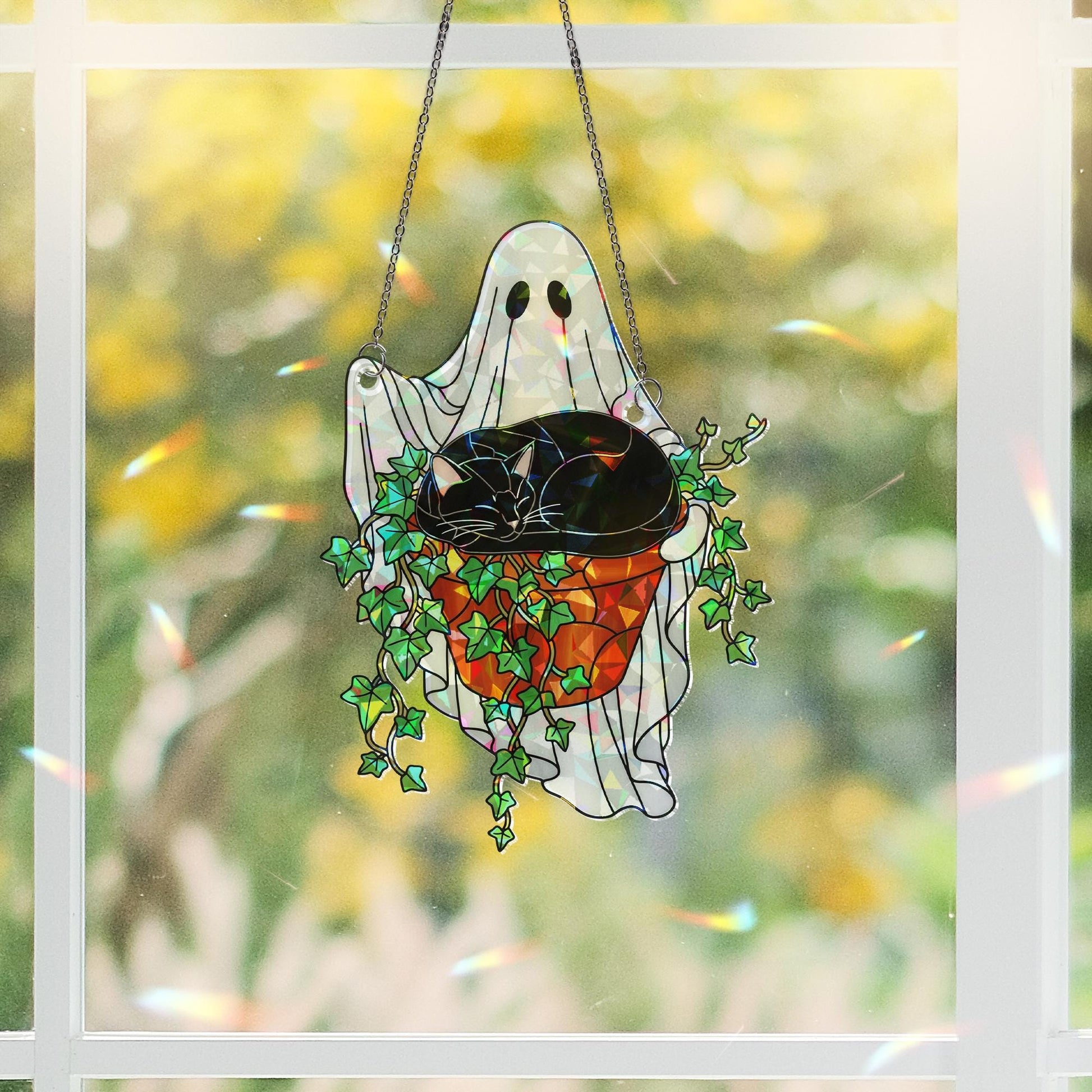 Ghost Cat Ivy Plant Pot Suncatcher, Holographic Acrylic Halloween Decor, Spooky Cute Window Ornament for Cat Moms & Plant Lovers