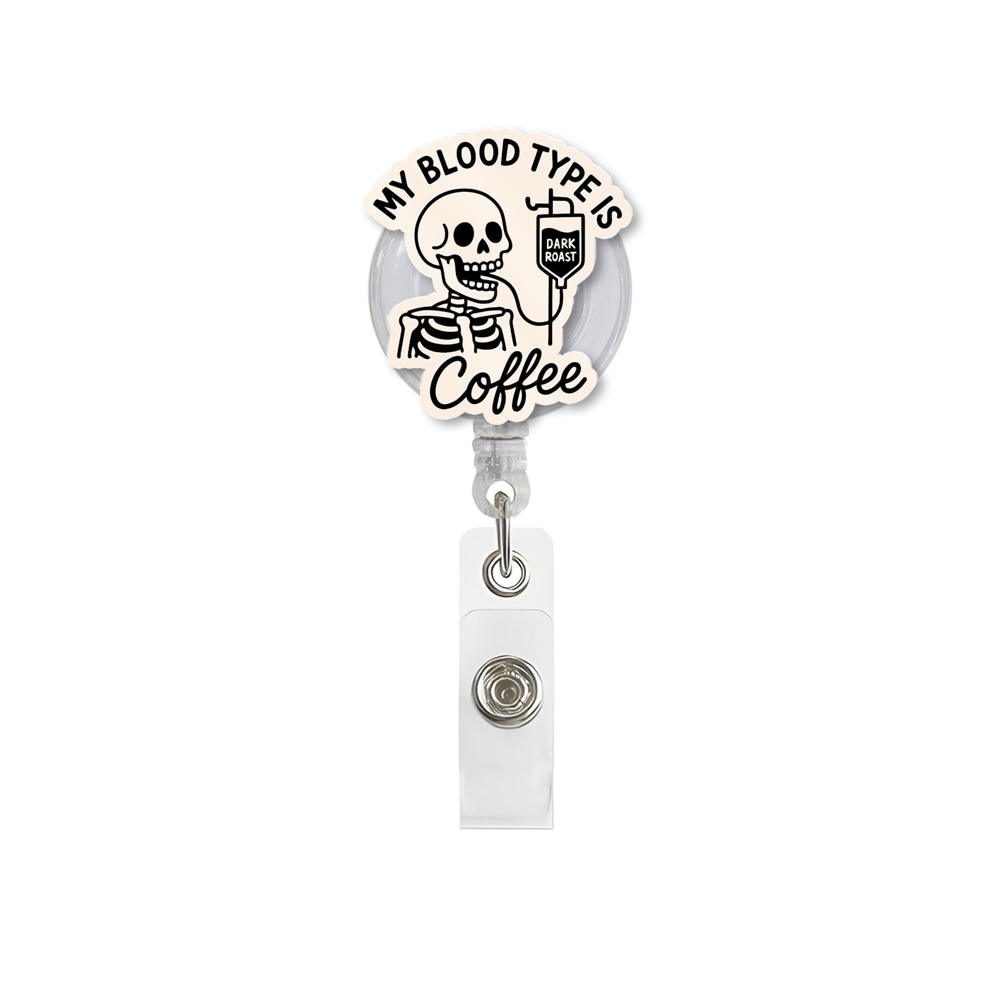 Funny Coffee Badge Reel, Skeleton Nurse ID Holder, Dark Roast Clip, Medical Humor Gift, RN Barista Badge, Caffeine Lover Accessory