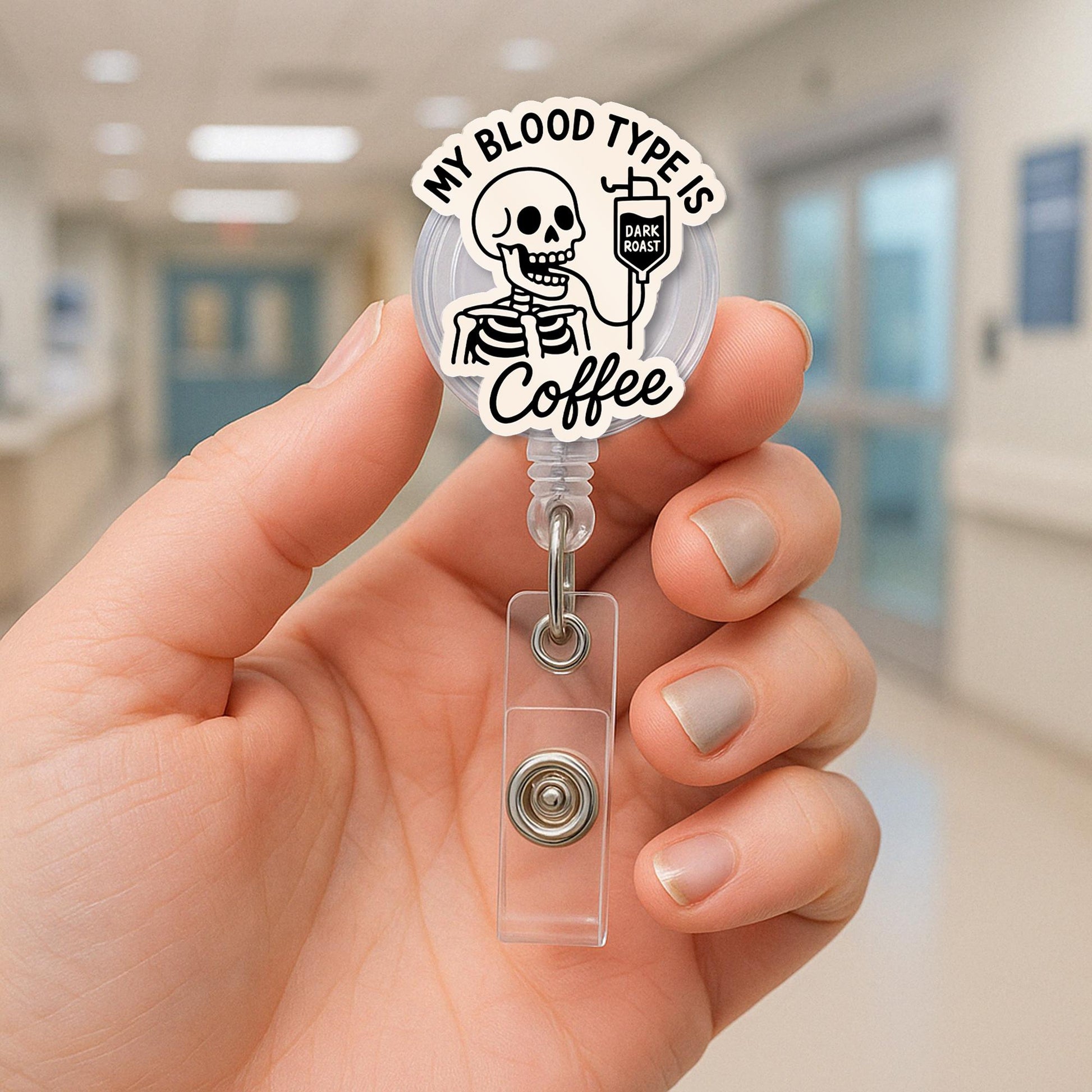 Funny Coffee Badge Reel, Skeleton Nurse ID Holder, Dark Roast Clip, Medical Humor Gift, RN Barista Badge, Caffeine Lover Accessory
