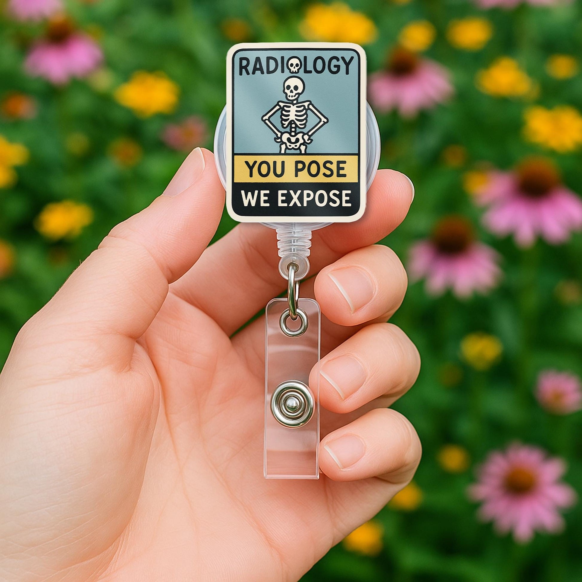 Funny Radiology Badge Reel, You Pose We Expose ID Clip, RT Skeleton Badge Holder, Xray Tech Gift, Radiologic Tech Humor Accessory