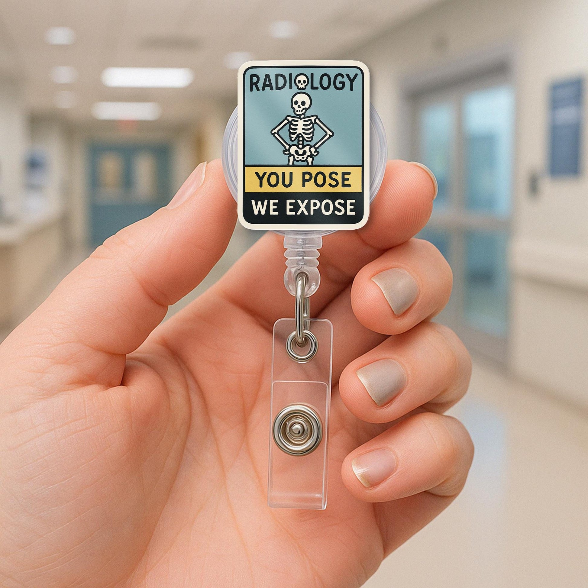 Funny Radiology Badge Reel, You Pose We Expose ID Clip, RT Skeleton Badge Holder, Xray Tech Gift, Radiologic Tech Humor Accessory