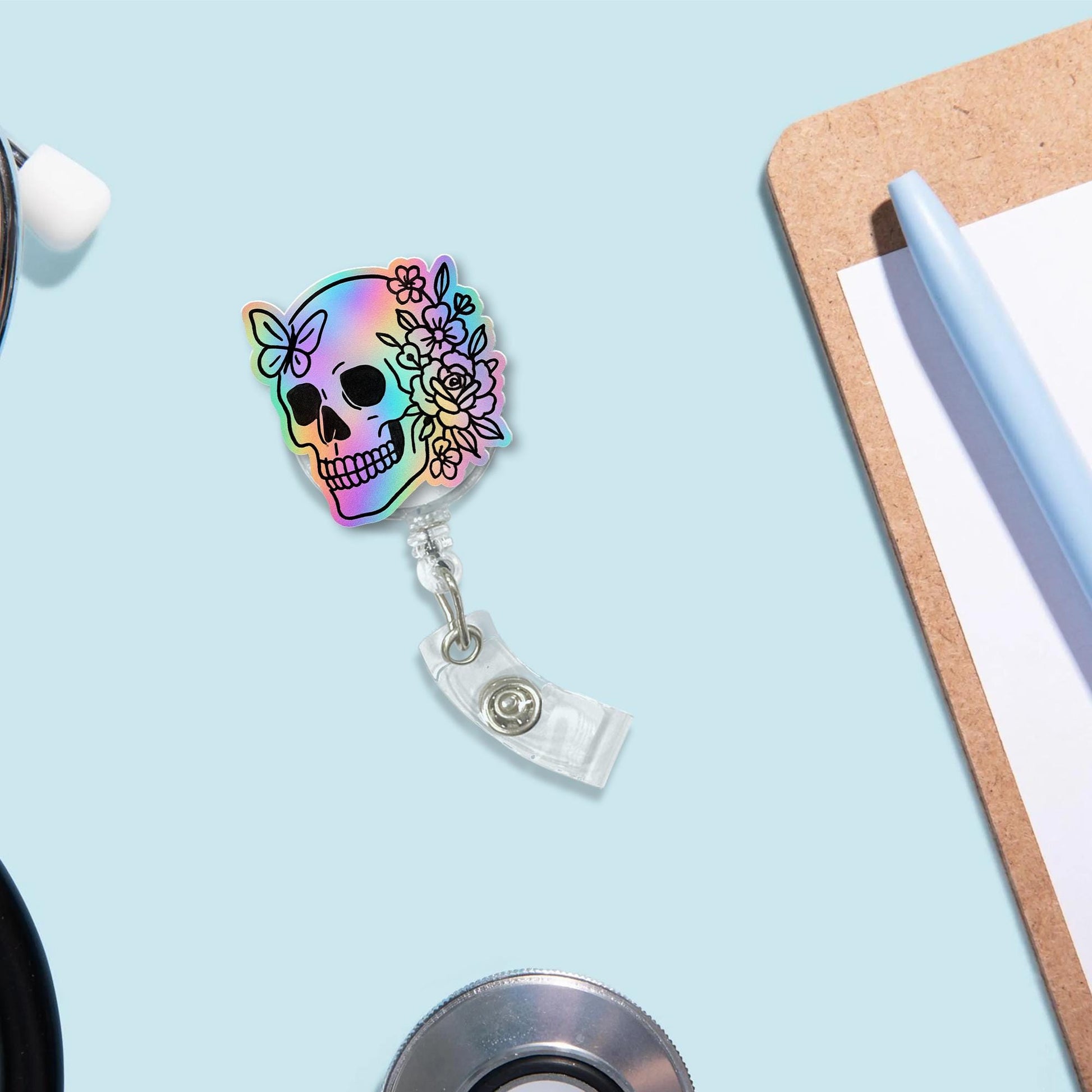 Rainbow Skull Badge Reel, Faux Holographic Floral ID Holder, Cute Nurse Clip, Goth RN Accessory, Day of the Dead Gift, Medical Badge