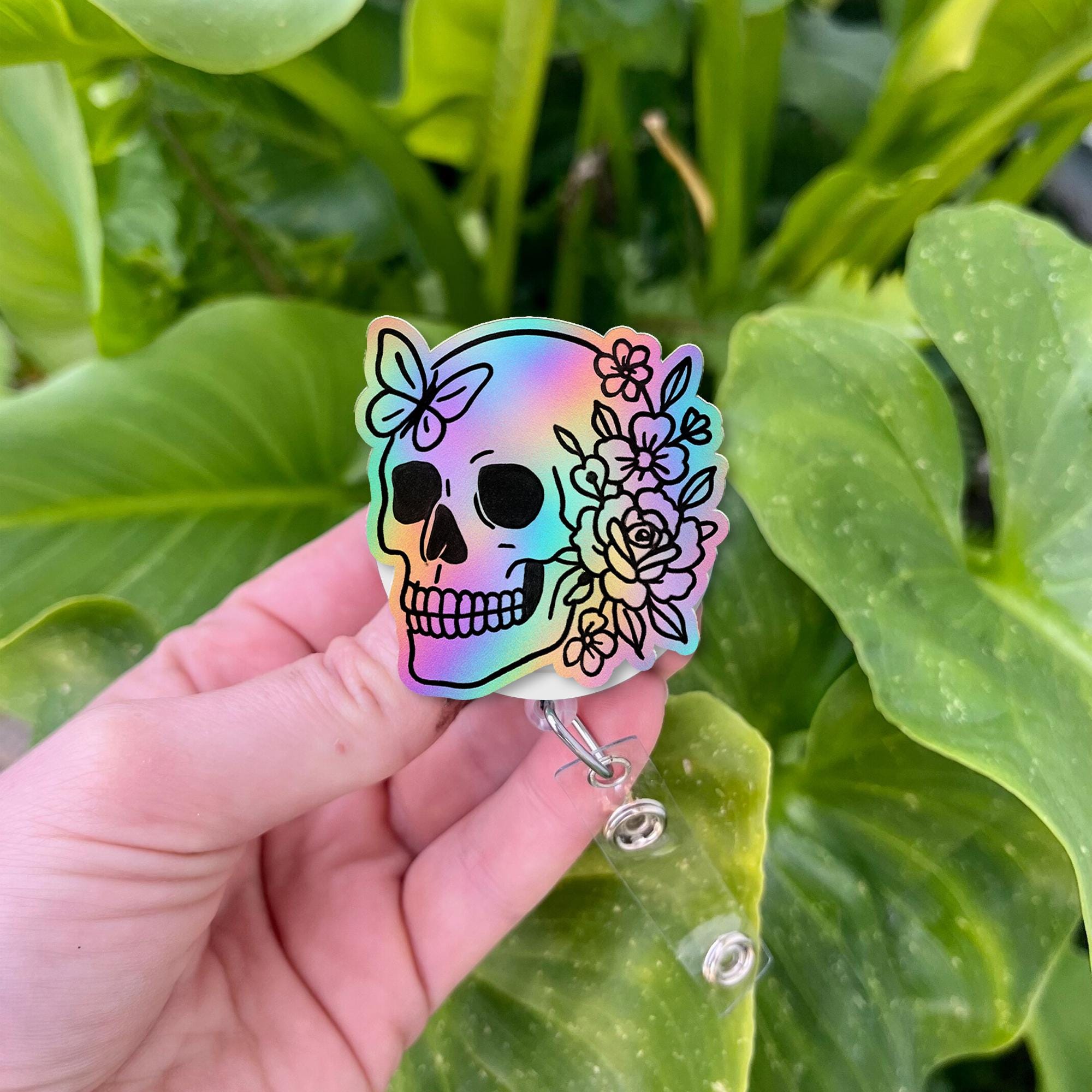 Rainbow Skull Badge Reel, Faux Holographic Floral ID Holder, Cute Nurse Clip, Goth RN Accessory, Day of the Dead Gift, Medical Badge