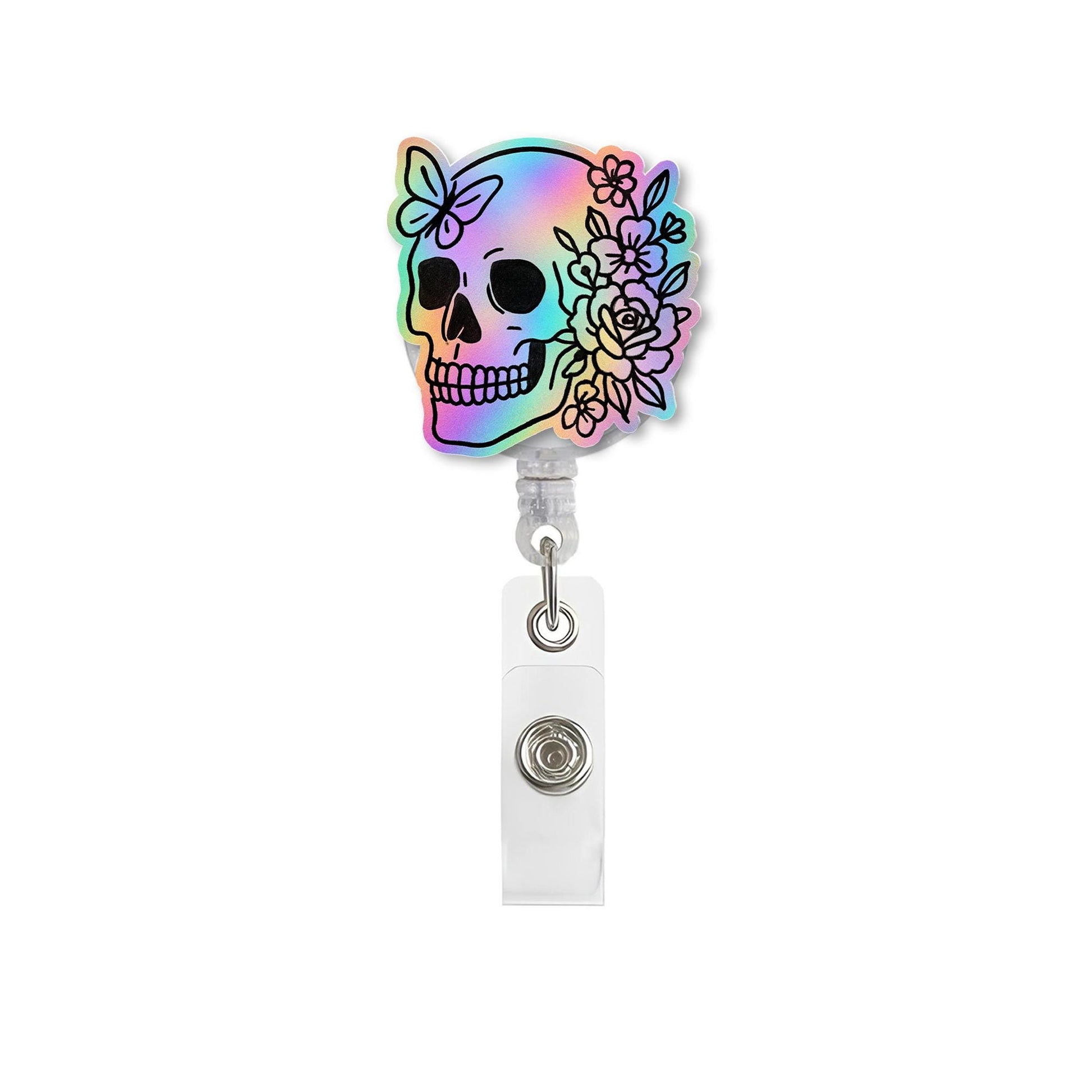 Rainbow Skull Badge Reel, Faux Holographic Floral ID Holder, Cute Nurse Clip, Goth RN Accessory, Day of the Dead Gift, Medical Badge