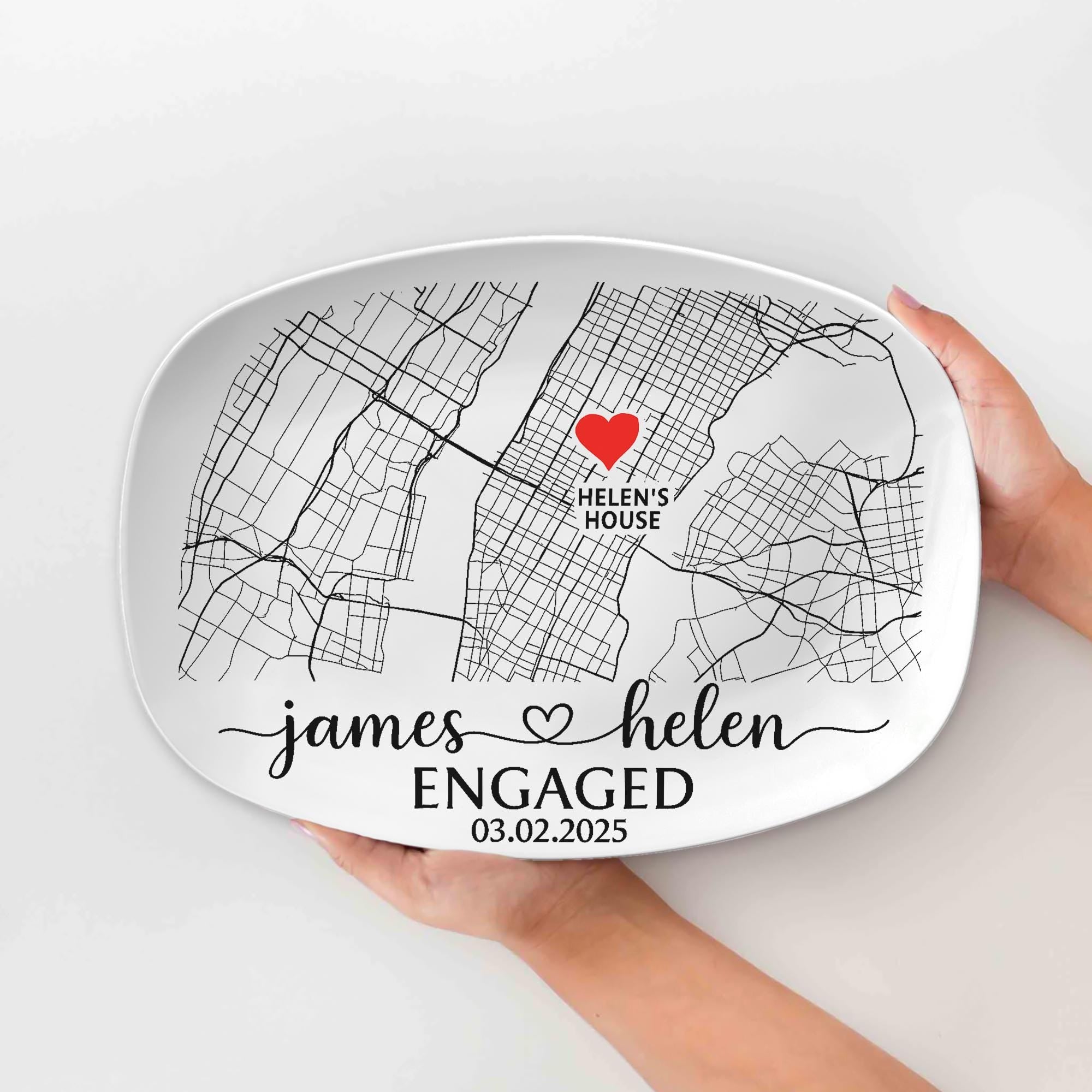 Custom Engagement Map Platter, Couple Location Gift, Personalized Wedding Anniversary Tray, Engagement Gift with Names & Date