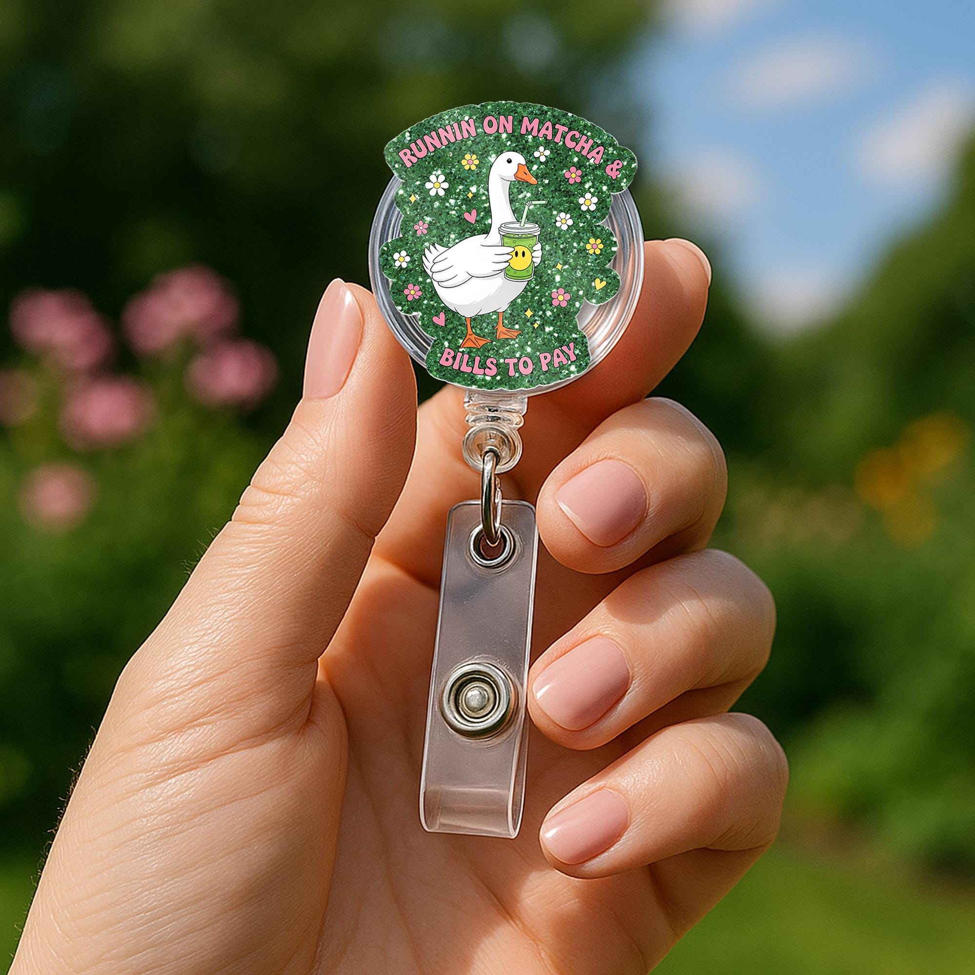 Funny Goose Badge Reel – “Runnin on Matcha & Bills to Pay” Cute ID Holder, Nurse Gift, Office Humor Accessory, Funny Work Gift for Teachers