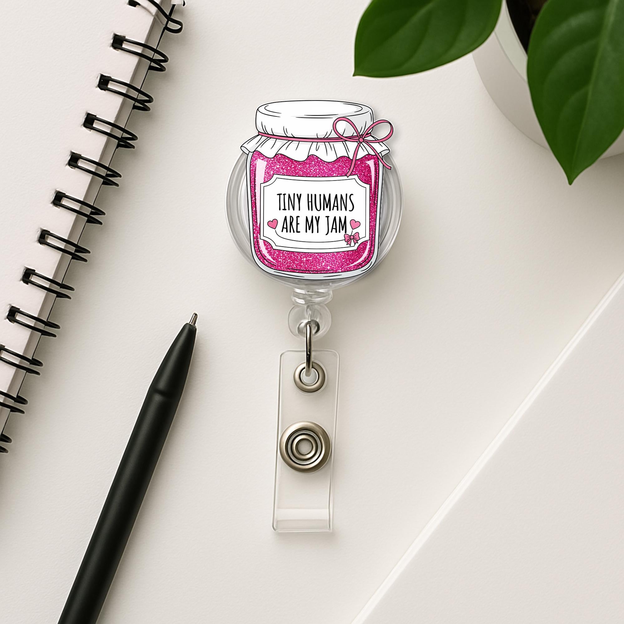 Tiny Humans Are My Jam Badge Reel, Cute Teacher or Pediatric Nurse ID Holder, Pink Glitter Jar Badge Clip, Classroom Gift Idea, School Staff