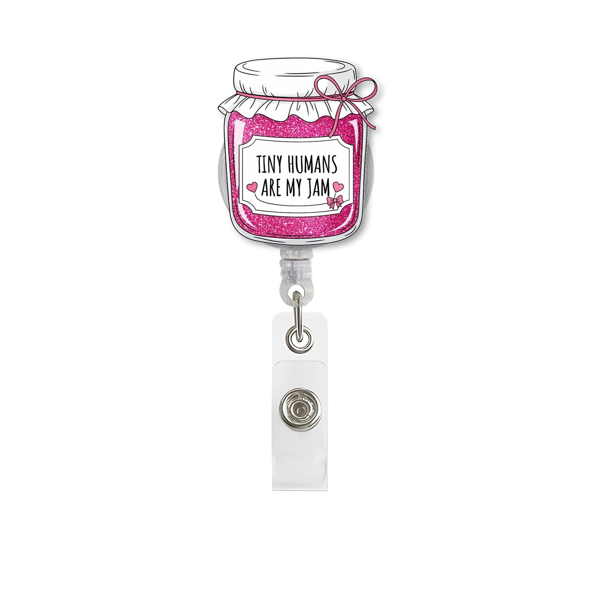 Tiny Humans Are My Jam Badge Reel, Cute Teacher or Pediatric Nurse ID Holder, Pink Glitter Jar Badge Clip, Classroom Gift Idea, School Staff