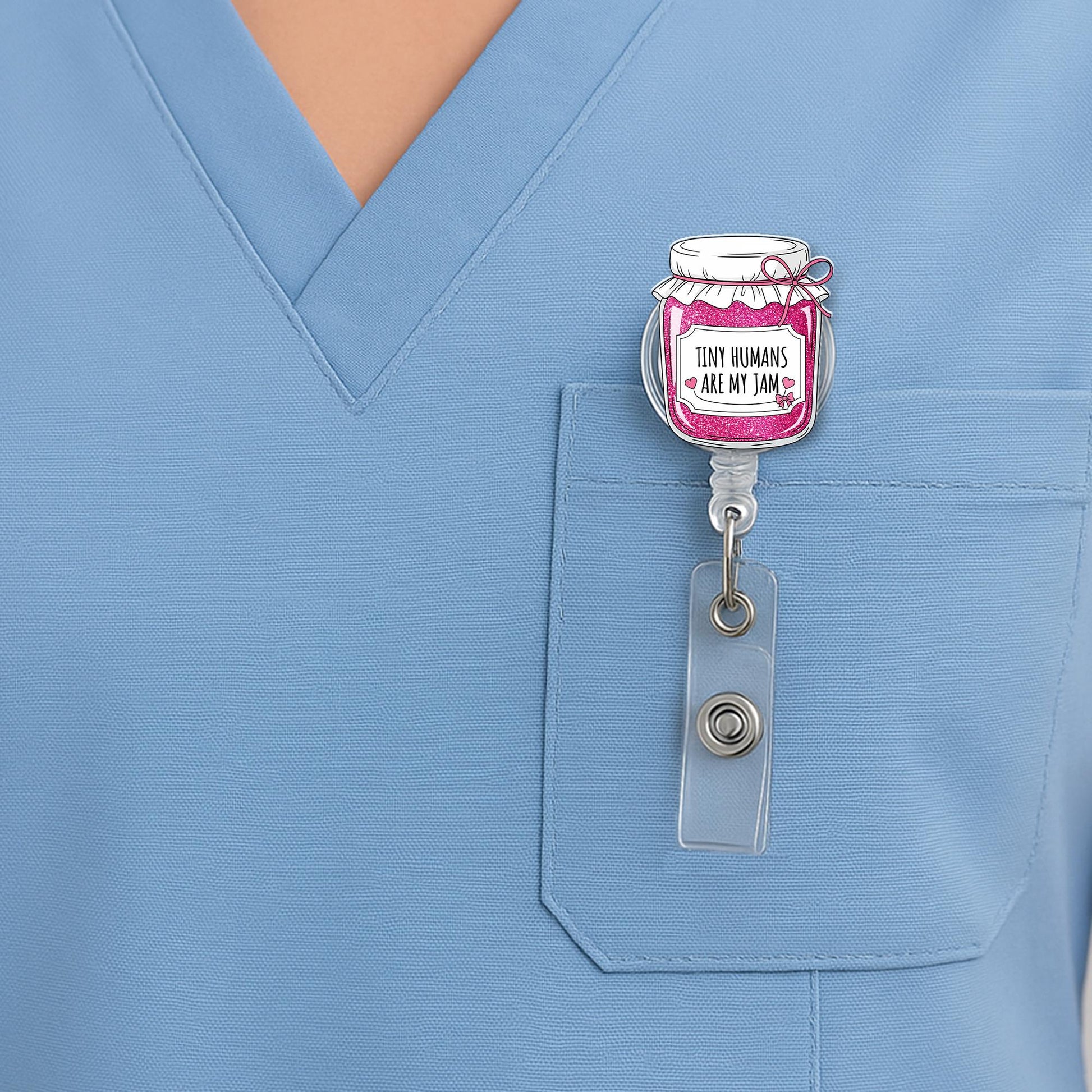 Tiny Humans Are My Jam Badge Reel, Cute Teacher or Pediatric Nurse ID Holder, Pink Glitter Jar Badge Clip, Classroom Gift Idea, School Staff
