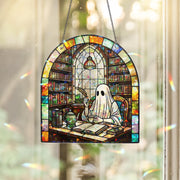 Ghostly Writer Suncatcher Ornament, Cute Halloween Ghost Acrylic Window Hanging, Writing Lovers Home Decor, Gift for Her Halloween