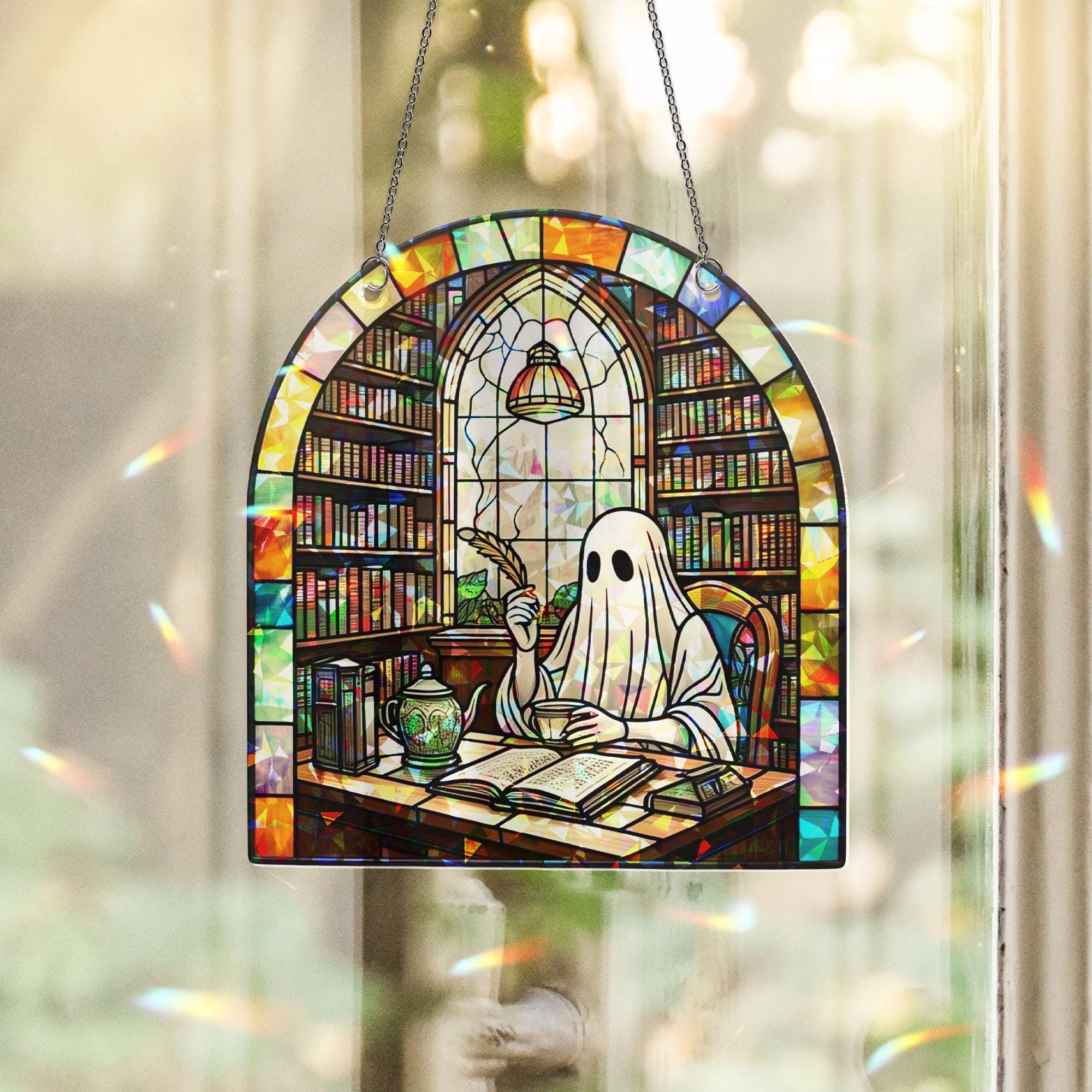 Ghostly Writer Suncatcher Ornament, Cute Halloween Ghost Acrylic Window Hanging, Writing Lovers Home Decor, Gift for Her Halloween
