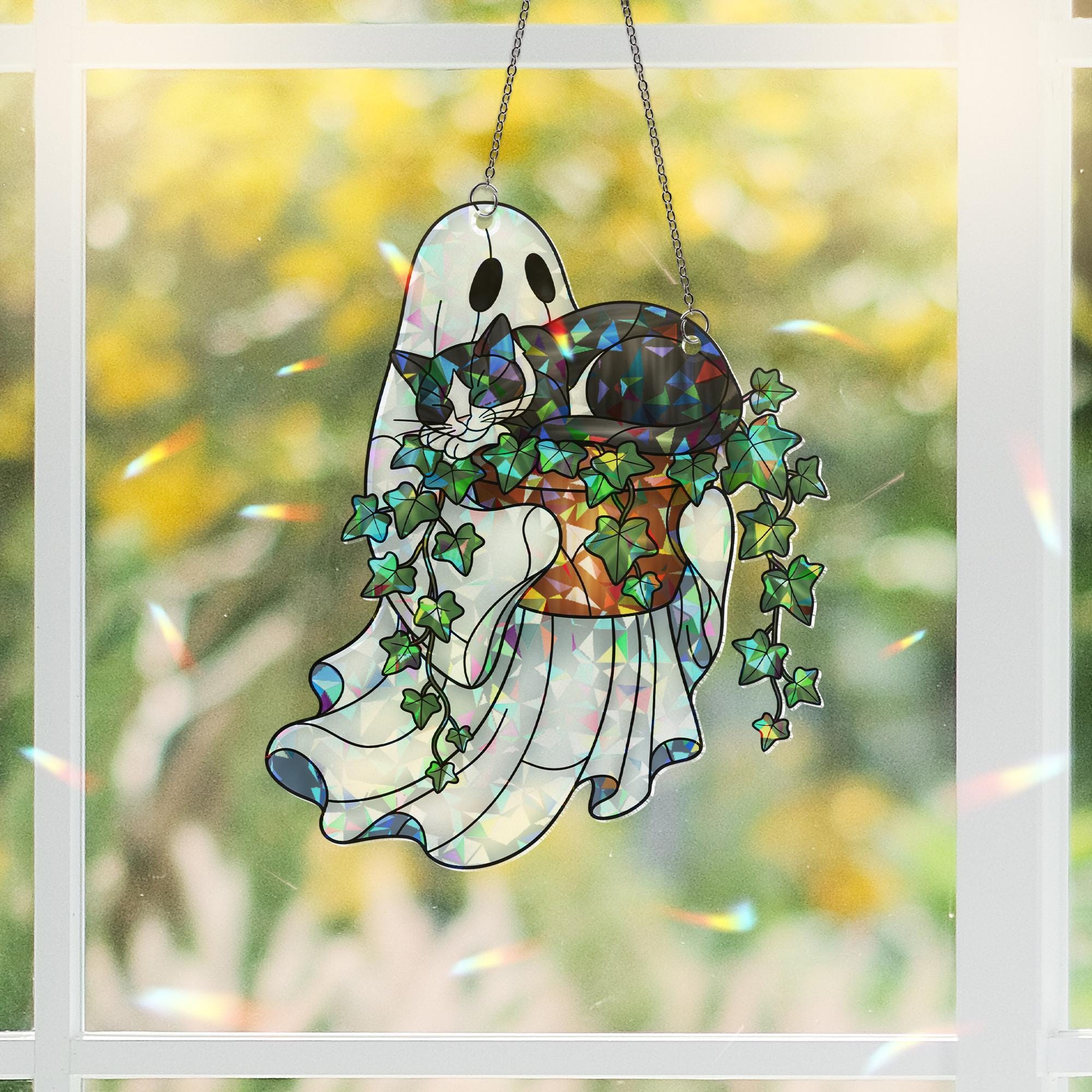 Ghost Tuxedo Cat Ivy Plant Pot Suncatcher, Holographic Acrylic Halloween Decor, Spooky Cute Window Ornament for Cat Moms & Plant Lovers