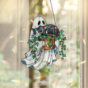 Ghost Tuxedo Cat Ivy Plant Pot Suncatcher, Holographic Acrylic Halloween Decor, Spooky Cute Window Ornament for Cat Moms & Plant Lovers