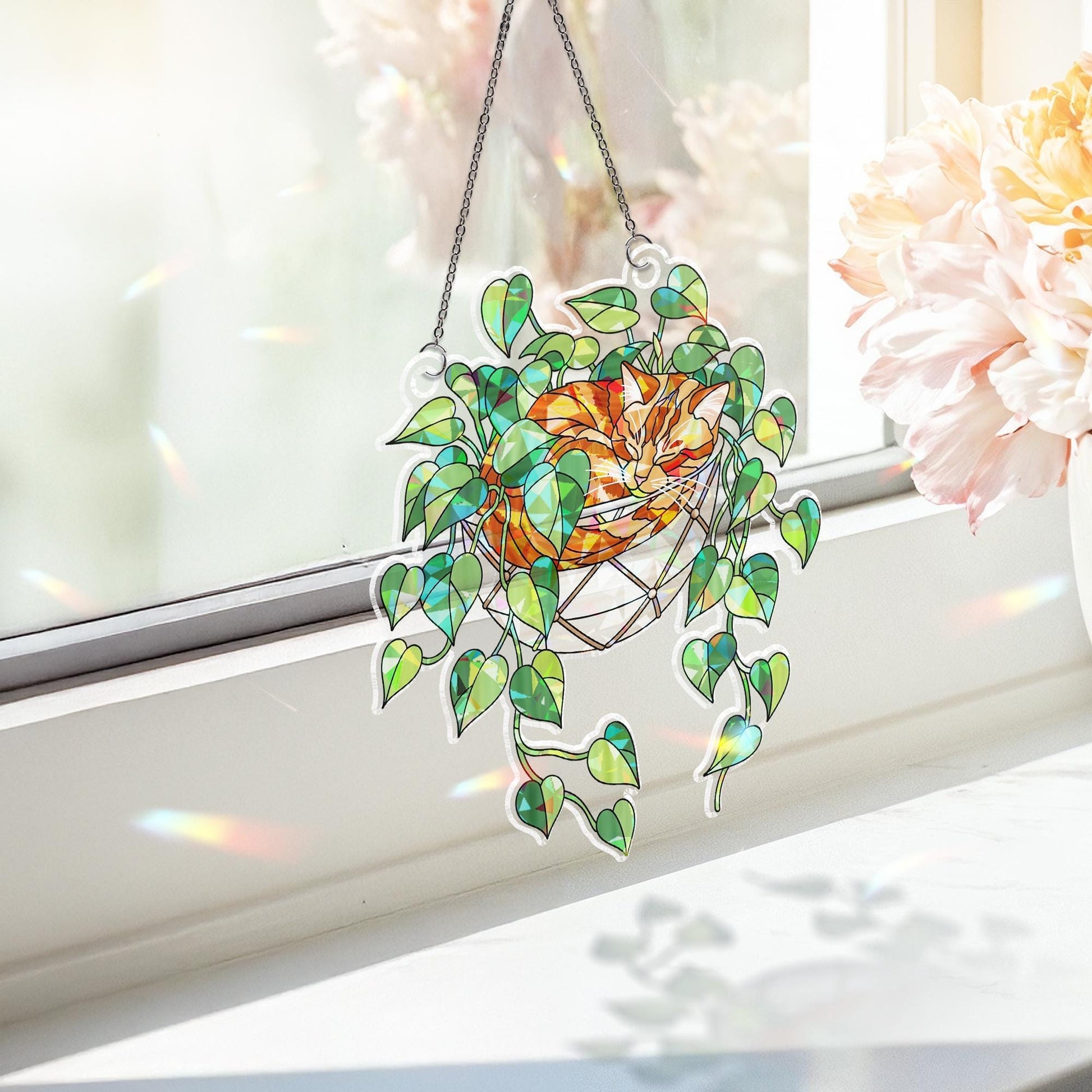 Orange Cat Sleeping on Philodendron Hologram Ornament | Cat ACRYLIC Window Hanging | Plant Lover Gift | Ivy Plants Decor, Cozy Cat Decor