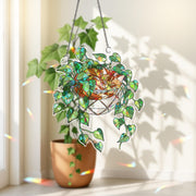 Orange Cat Sleeping on Philodendron Hologram Ornament | Cat ACRYLIC Window Hanging | Plant Lover Gift | Ivy Plants Decor, Cozy Cat Decor