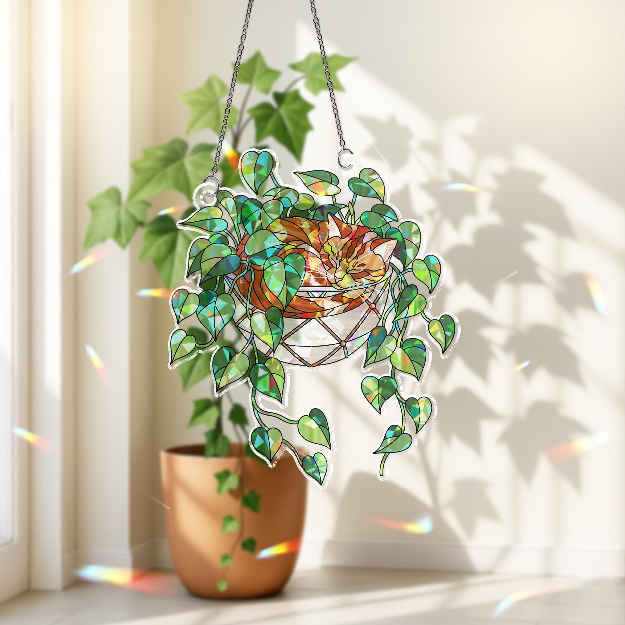 Orange Cat Sleeping on Philodendron Hologram Ornament | Cat ACRYLIC Window Hanging | Plant Lover Gift | Ivy Plants Decor, Cozy Cat Decor