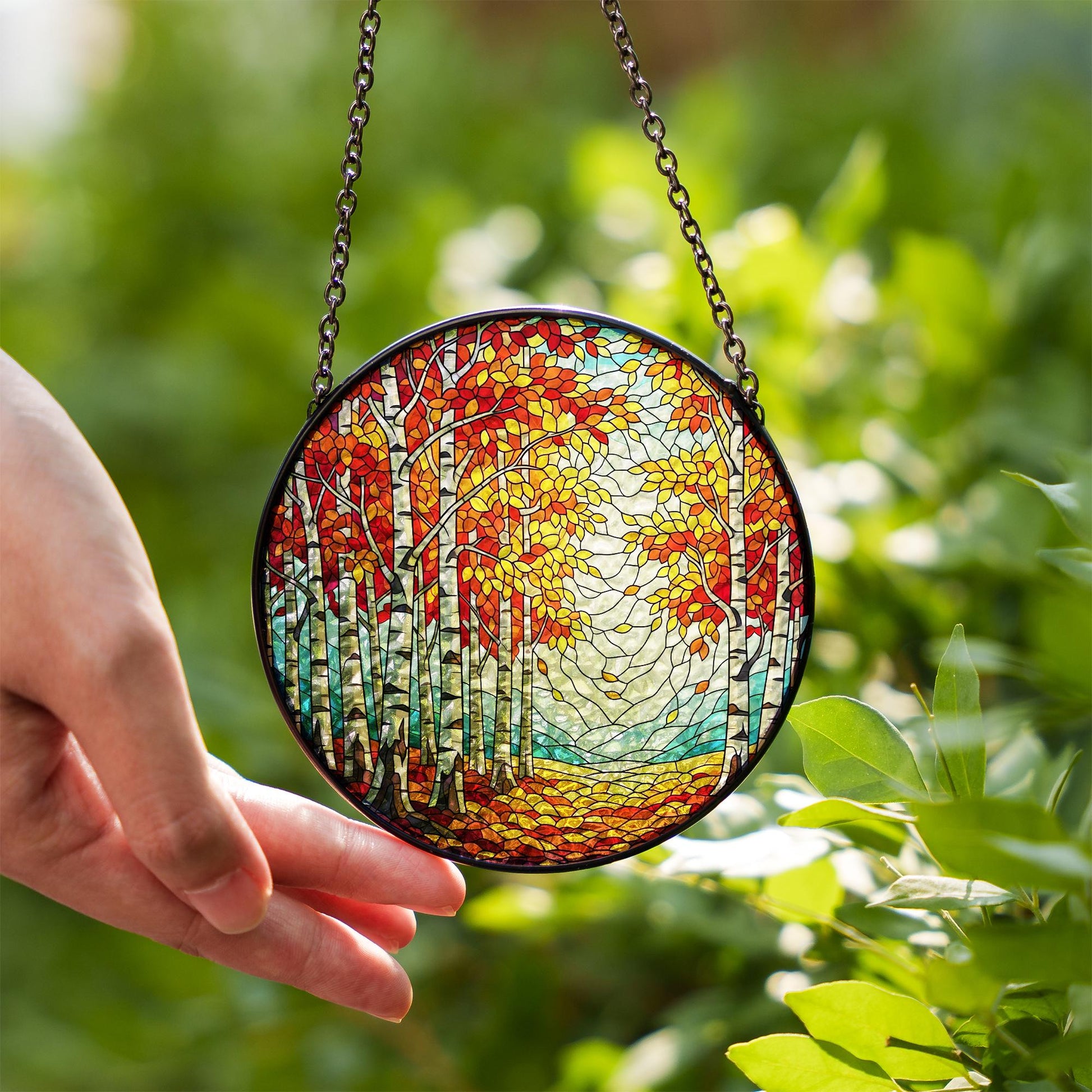 Autumn Birch Tree Glass Suncatcher, Fall Window Decor, Handmade Round Glass Panel, Woodland Nature Lover Gift