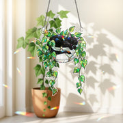 Black Cat Sleeping on Philodendron Hologram Ornament | Cat ACRYLIC Window Hanging | Plant Lover Gift | Ivy Plants Decor, Cozy Cat Decor
