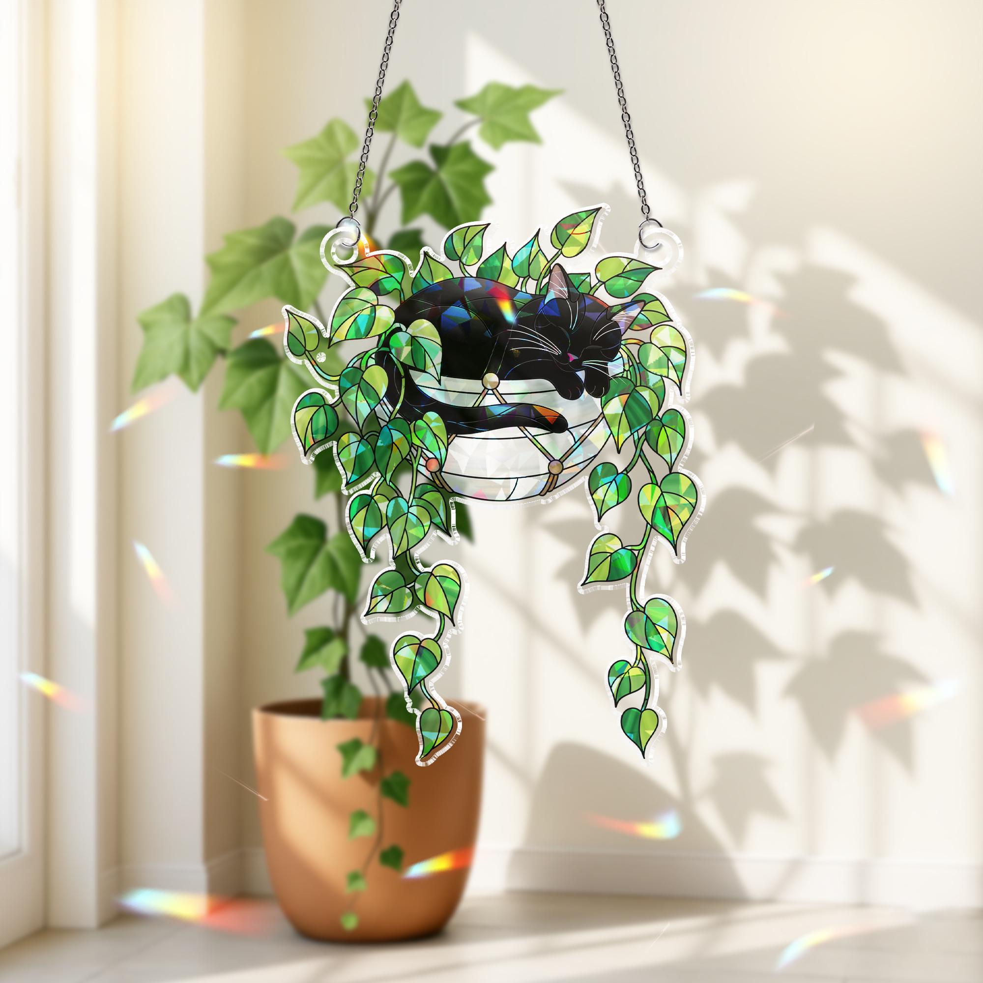Black Cat Sleeping on Philodendron Hologram Ornament | Cat ACRYLIC Window Hanging | Plant Lover Gift | Ivy Plants Decor, Cozy Cat Decor